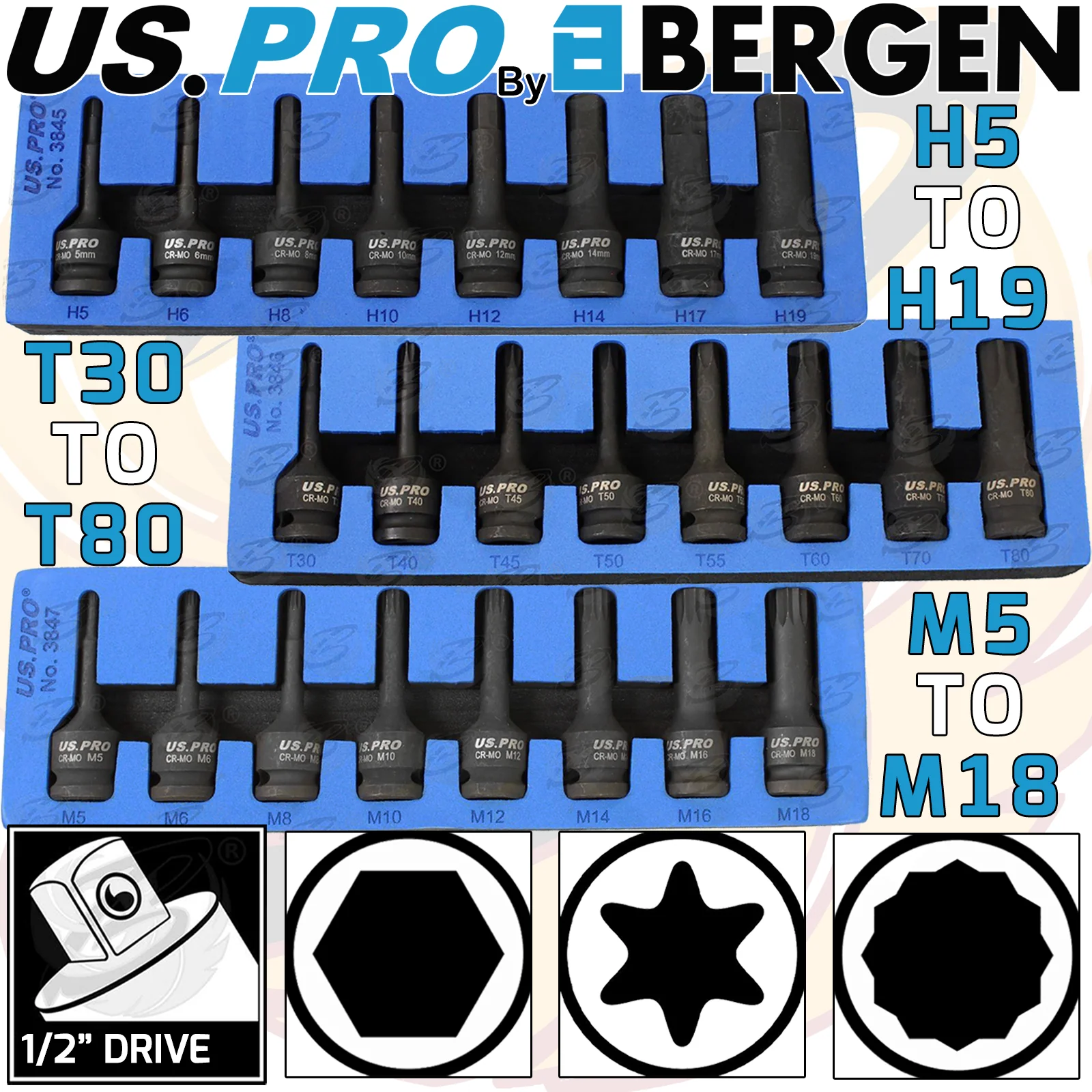 US Pro 24 Piece Hex – Torx – Spline Impact Bit Sockets  3845 & 3846 & 3847