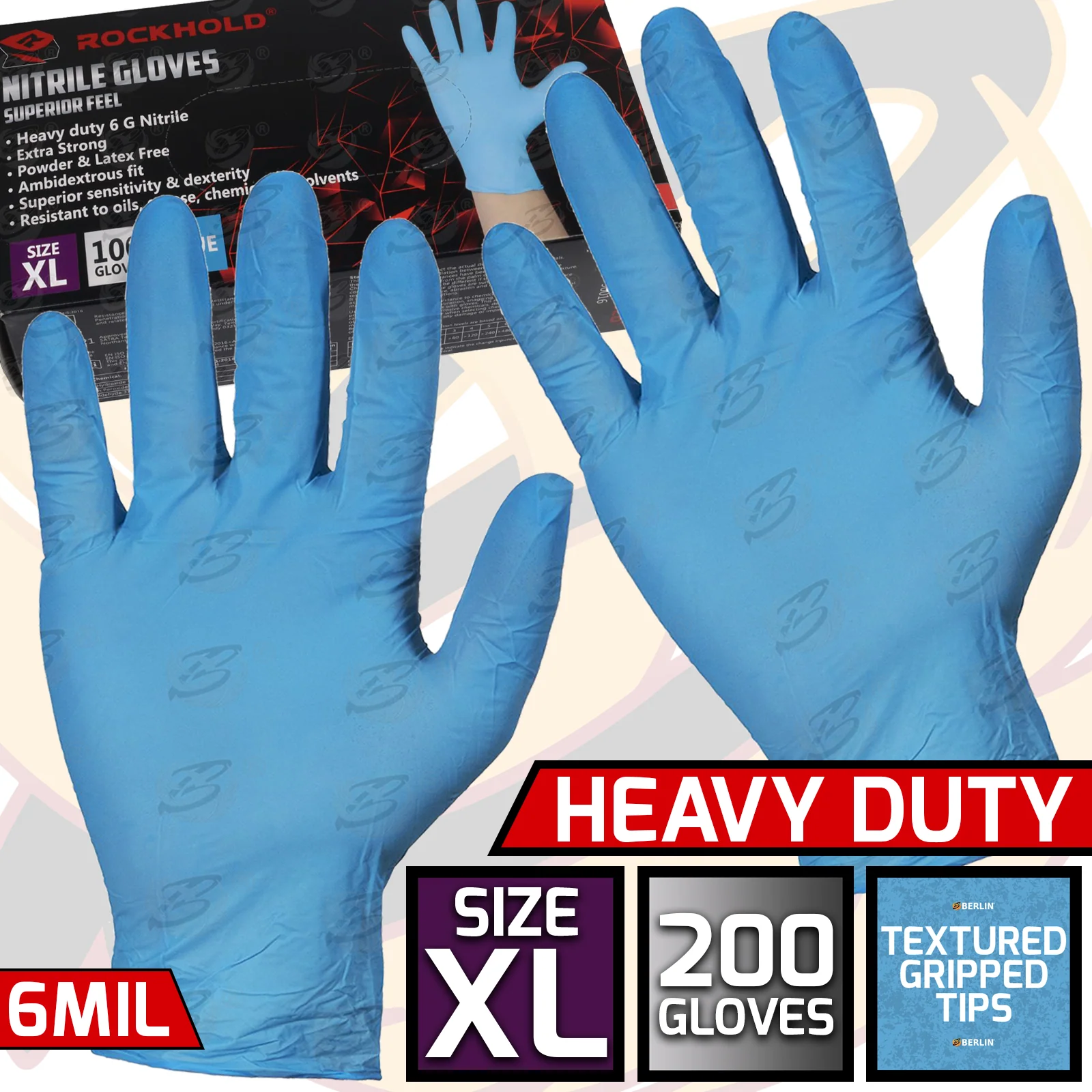 Rockhold Heavy Duty Blue 6 Mil Nitrile Textured Tip Gloves ( x Large – 200 Gloves )  90017 / XL ( 2 BOXES )