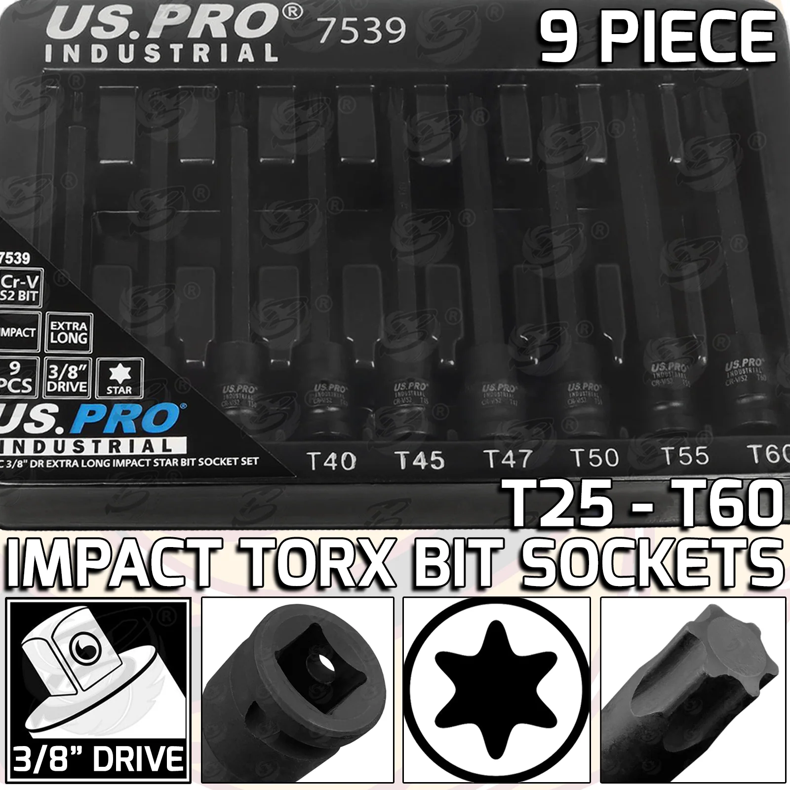 US Pro Industrial 9 Piece 3/8″ Drive Extra Long Impact Torx Bit Sockets T25 – T60  7539