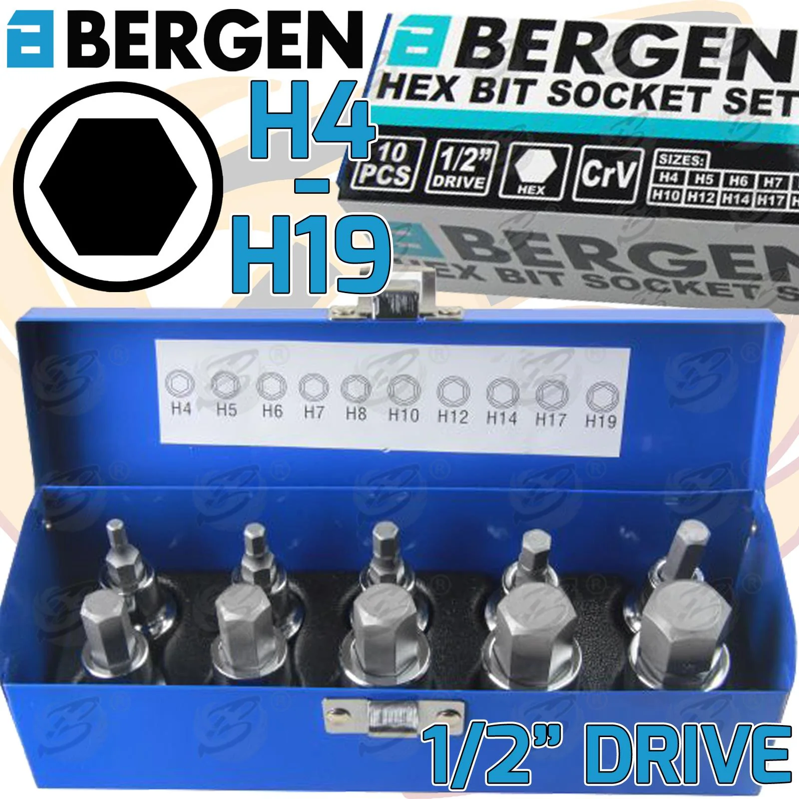 Bergen 10 Piece 1/2″ Drive Hex Bit Sockets H4 – H19  1135