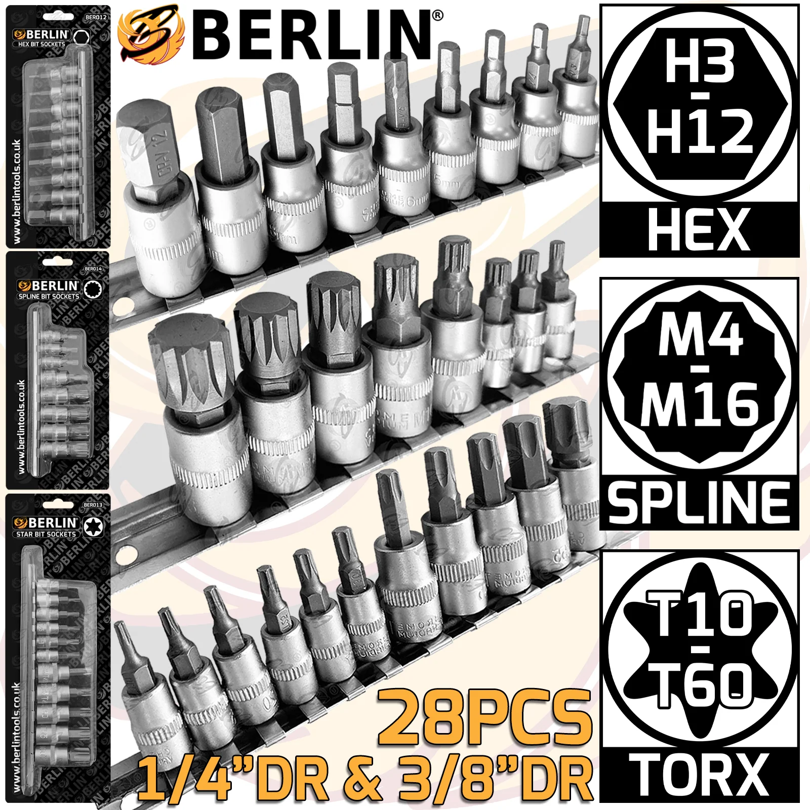 BERLIN 28PCS 1/4″ & 3/8″ DRIVE HEX – TORX – SPLINE BIT SOCKETS