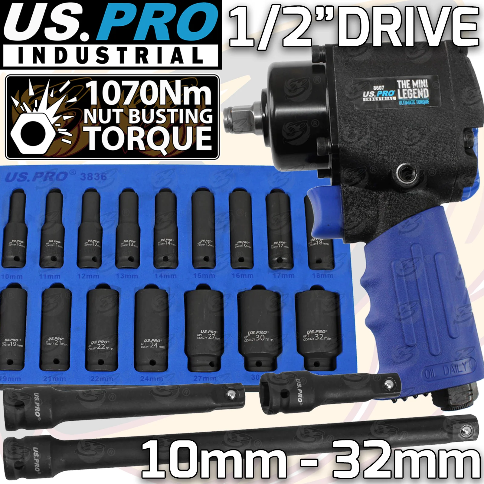 US Pro 1/2″ Drive Compact Air Impact Wrench 1070Nm Nbt ( The Mini Legend ) & 19 Piece Deep Impact Sockets & Extension Bar Sets 10mm – 32mm  8607 & 3836 & 2086
