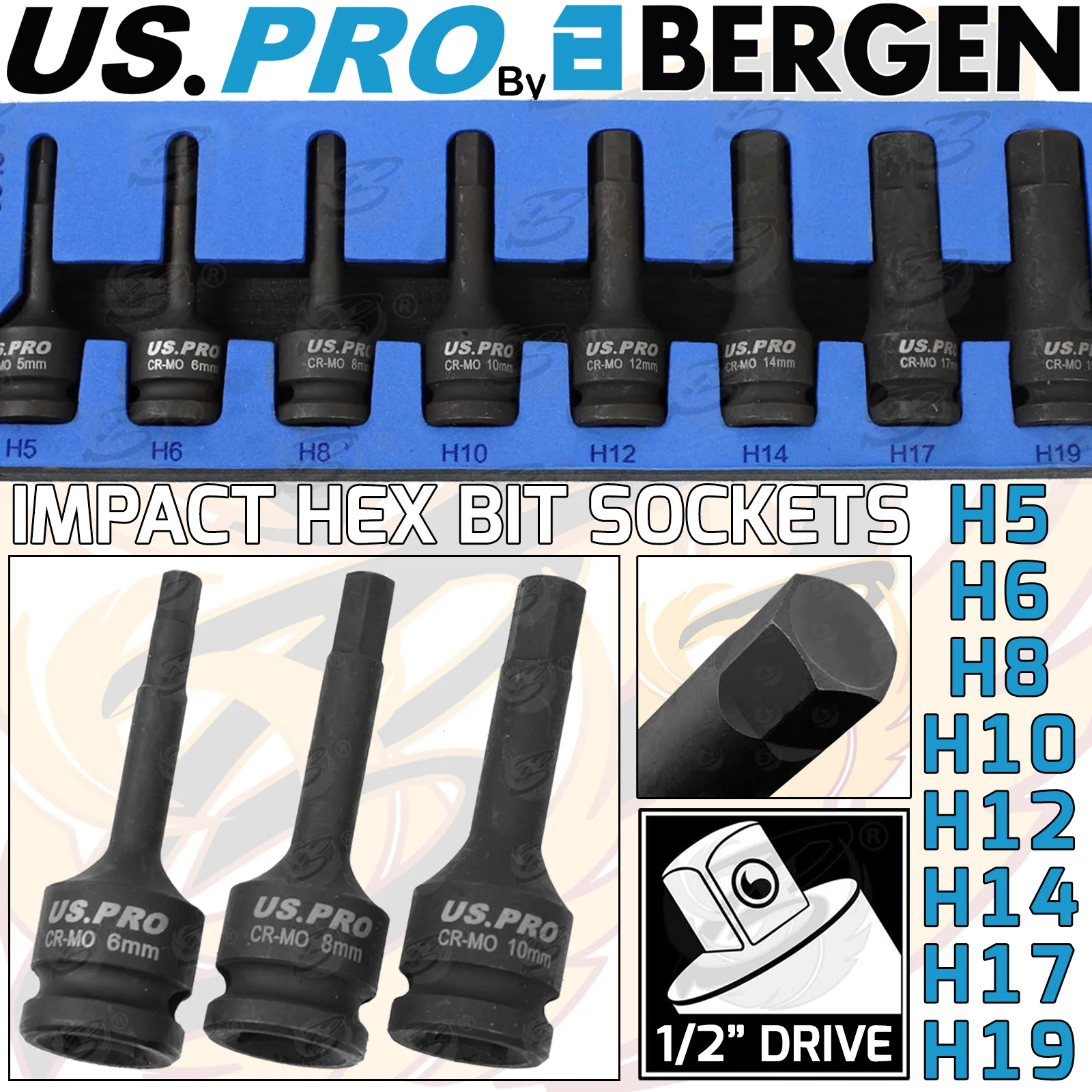US Pro 8 Piece 1/2″ Drive Impact Hex Bit Sockets H5 – H19  3845