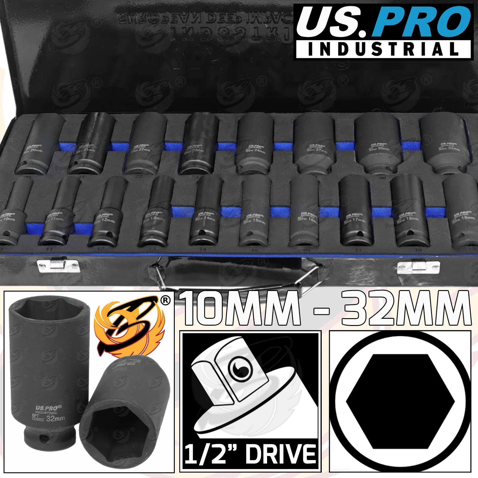 US Pro Industrial 18 Piece 1/2″ Drive 6 Point Deep Impact Sockets 10mm – 32mm  3924