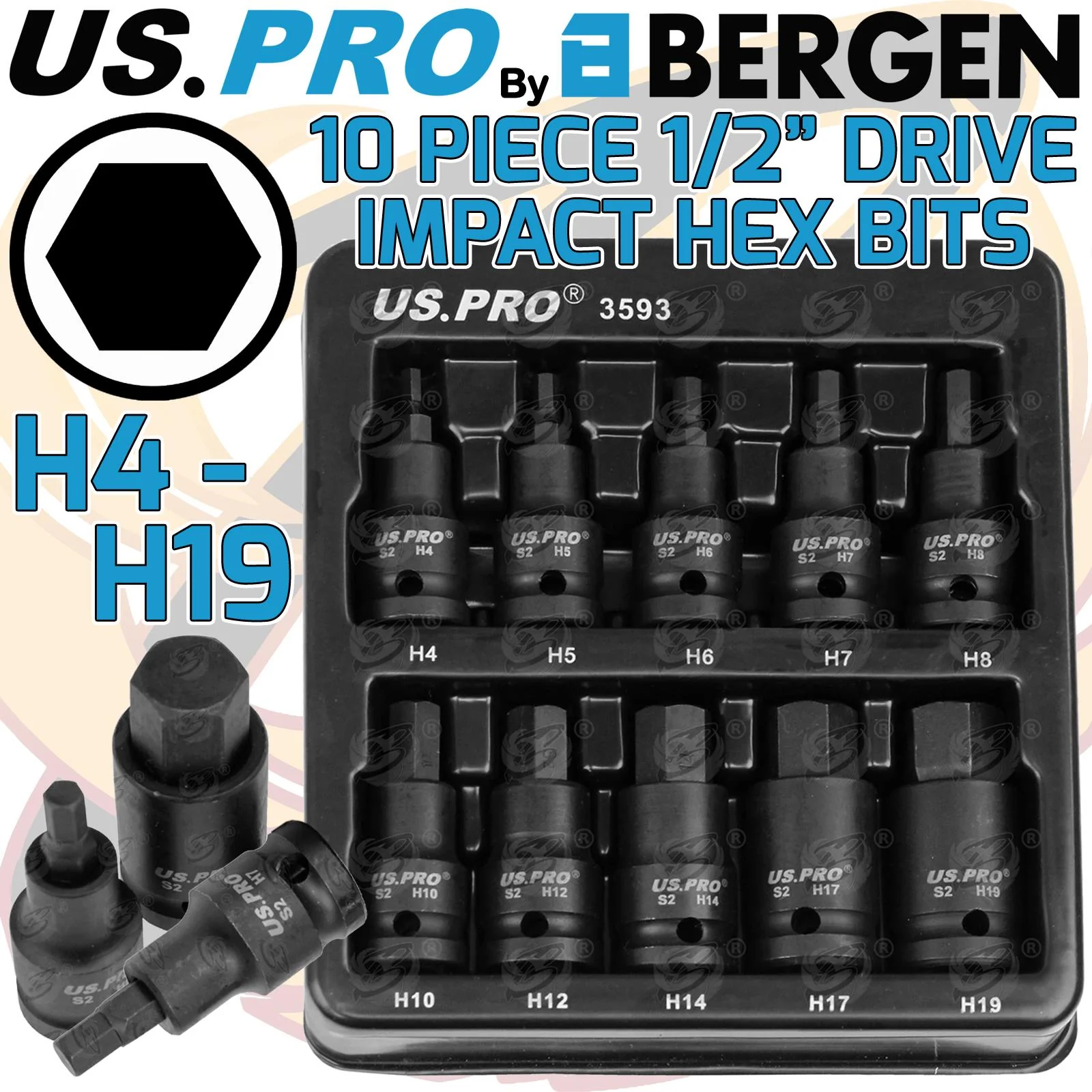 US Pro 10 Piece 1/2″ Drive Impact Hex Bit Sockets H4 – H19  3593