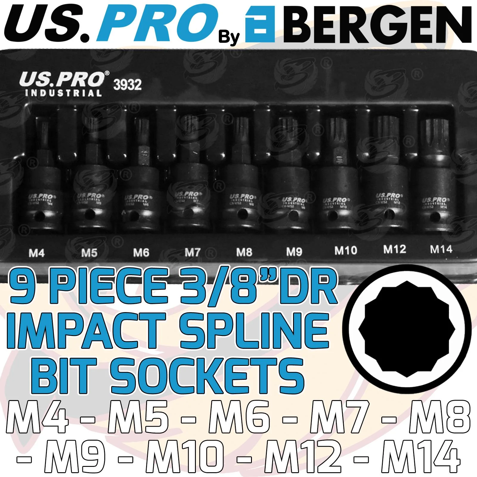 US Pro Industrial 9 Piece 3/8″ Drive Impact Spline Bit Sockets M4 – M15  3932