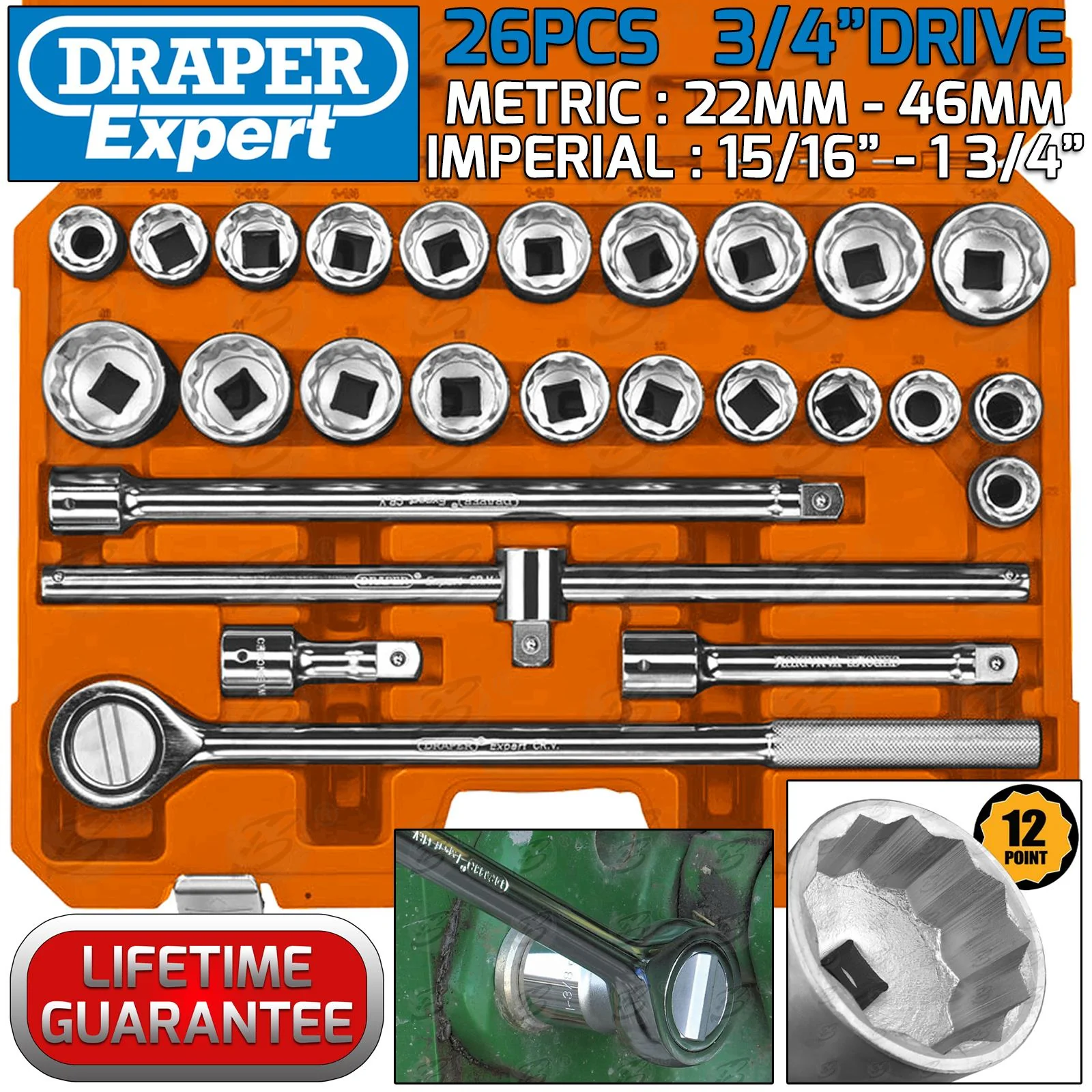 Draper 26 Piece 3/4″ Drive 12 Point Metric & Sae Socket Set 22mm – 46mm & 15/16″ – 1 3/4″ ( 4502 )