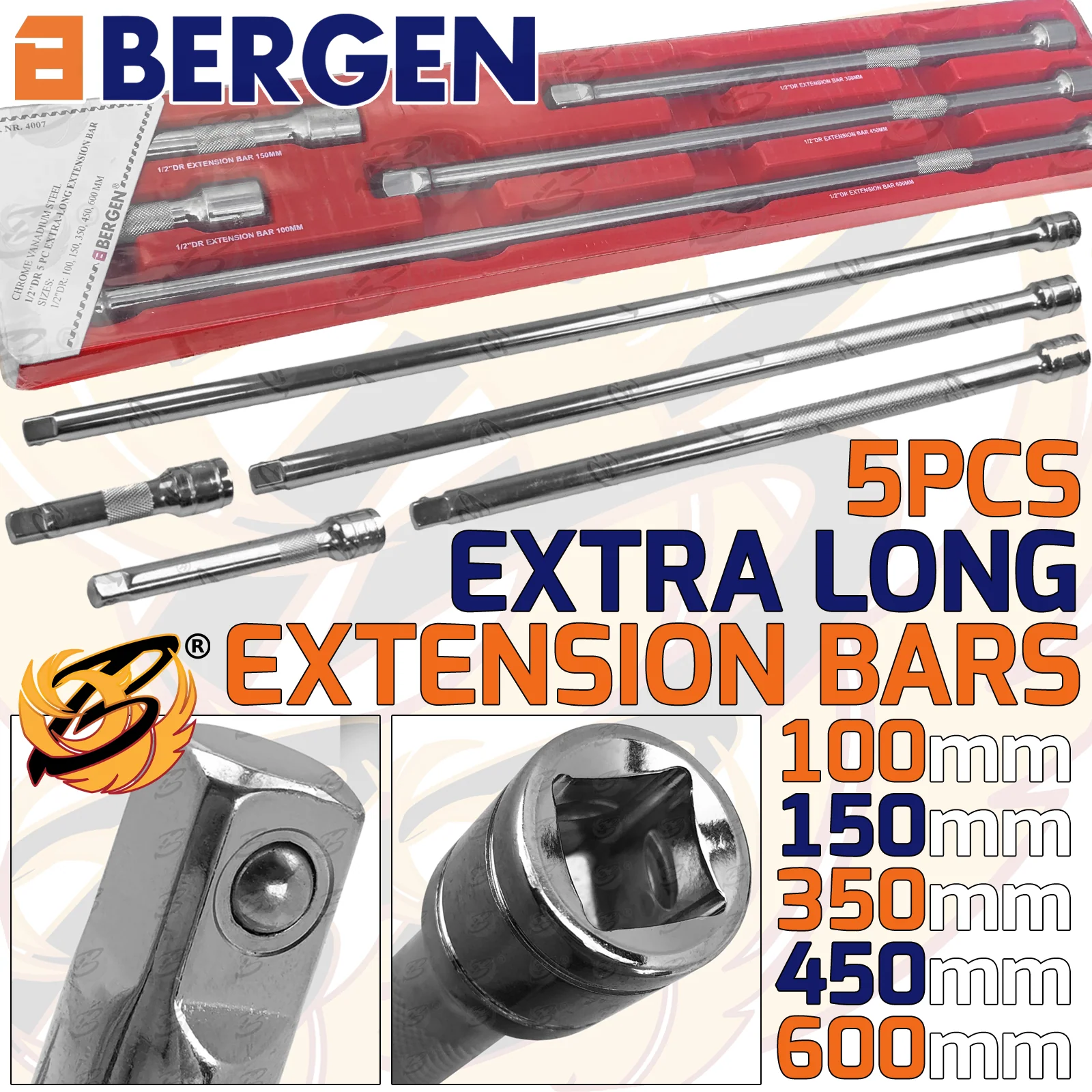 Bergen 5 Piece 1/2″ Drive Extra Long Extension Bars ( 100mm – 600mm )  4007