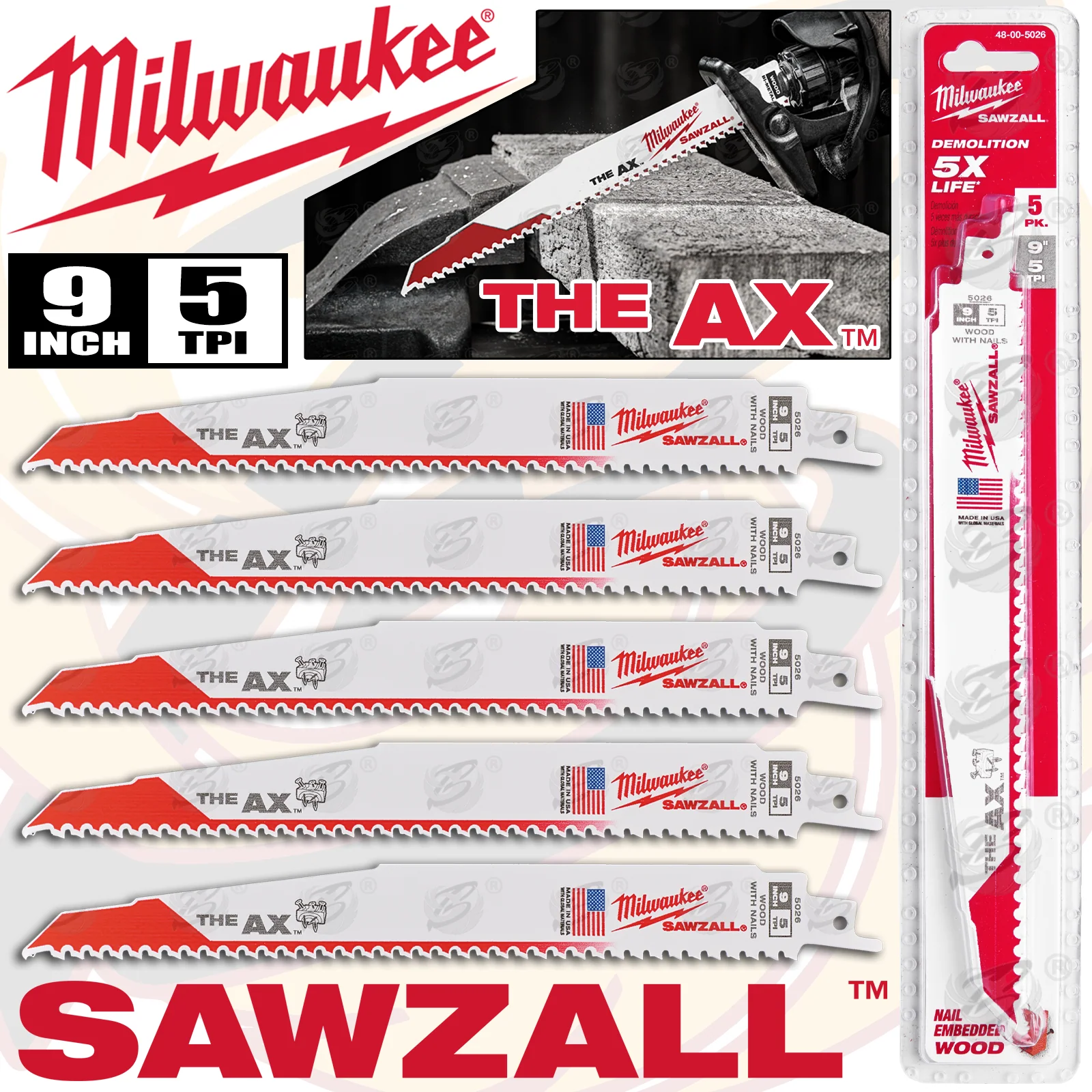 Milwaukee Sawzall Reciprocating Saw Blade 230mm x 5Tpi Wood Saw Blades ( The Ax ) ( x 5 ) ( 48005026 )