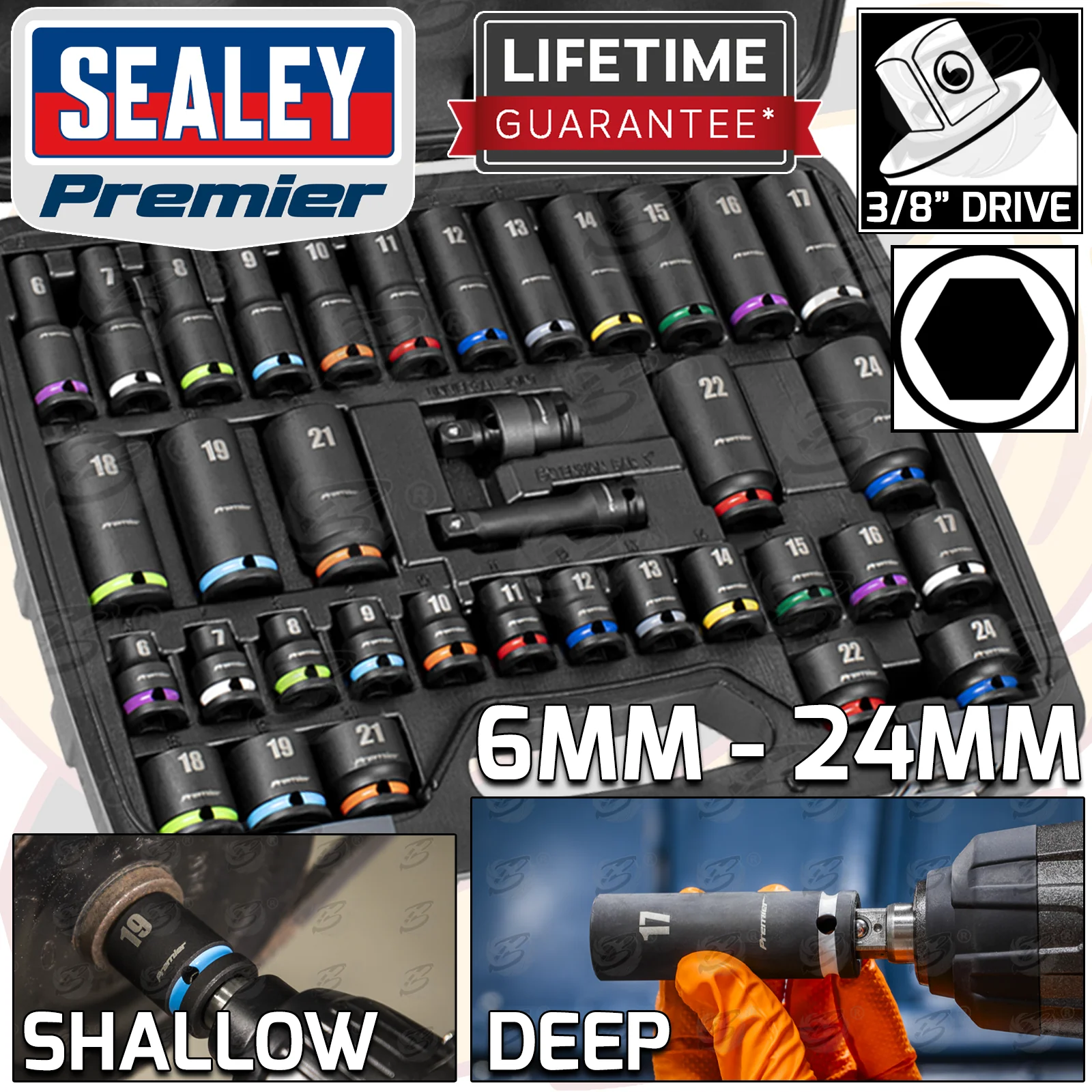 Sealey 36 Piece 3/8″ Drive 6 Point Deep & Shallow Impact Sockets 6mm – 24mm ( AK5633M )
