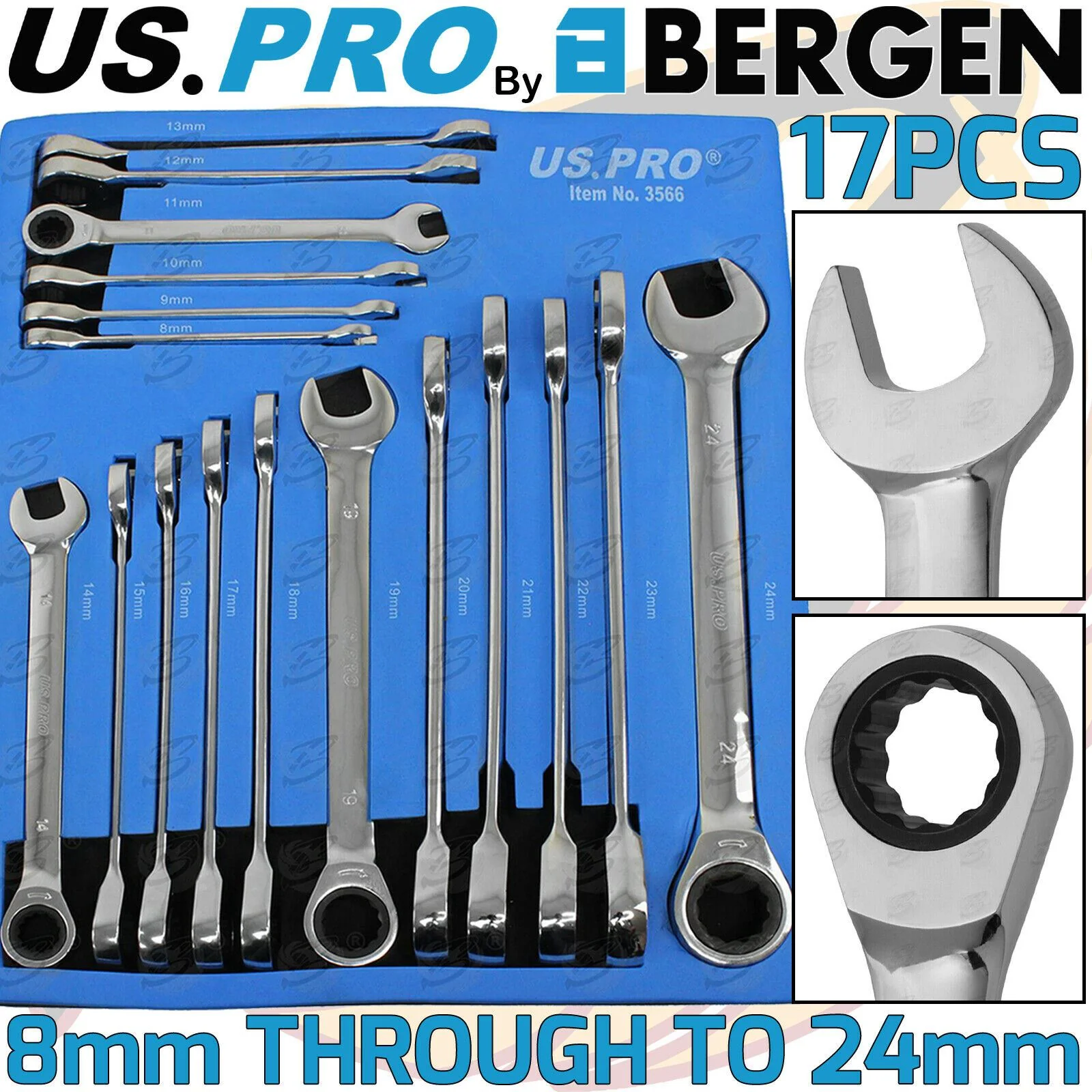 US Pro 17 Piece Combination Ratchet Spanner Set 8mm – 24mm  3566