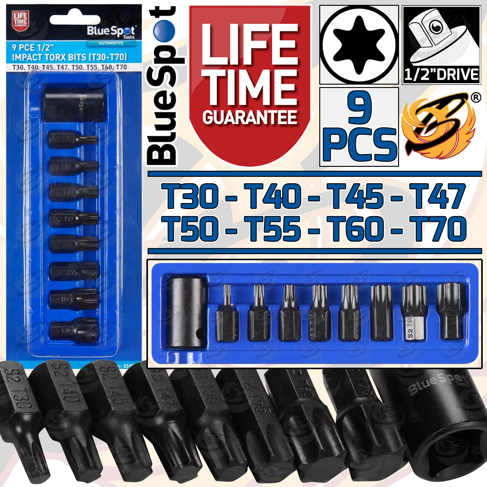BlueSpot 9 Piece 1/2″ Drive Impact Torx Bit Sockets T30 – T70 ( 01498 )