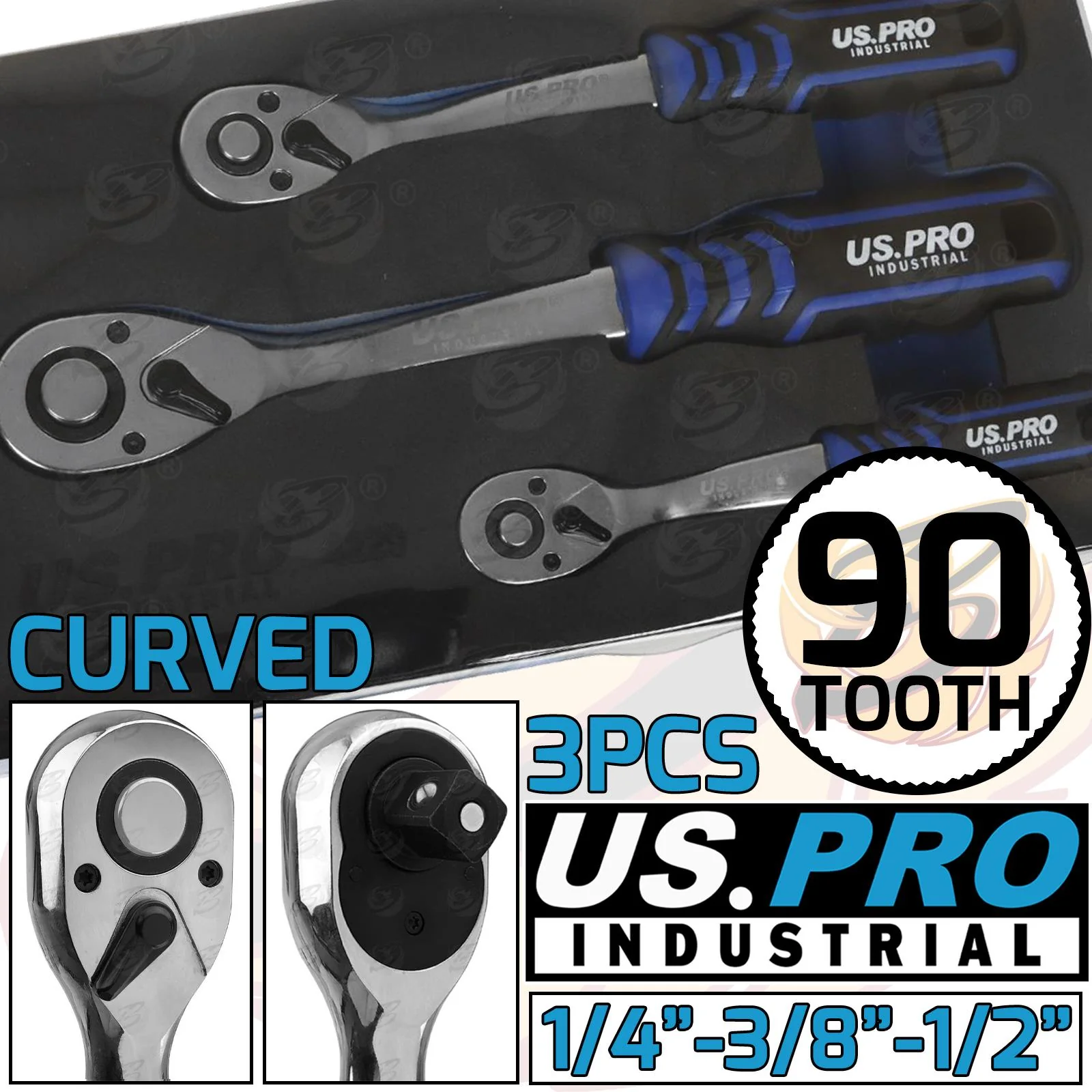 US Pro Industrial 3 Piece 1/4″ & 3/8″ & 1/2″ Drive 90 Tooth Ratchet Handles  4229