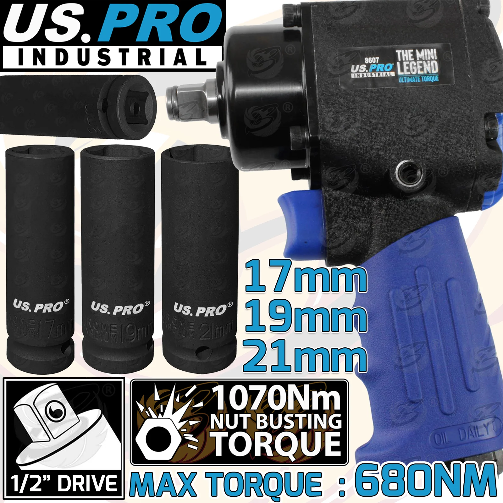 US Pro 1/2″ Drive Compact Air Impact Wrench 1070Nm Nbt ( The Mini Legend ) & 17mm – 19mm – 21mm Deep Impact Sockets  8607 & 3753 & 3861 & 1367
