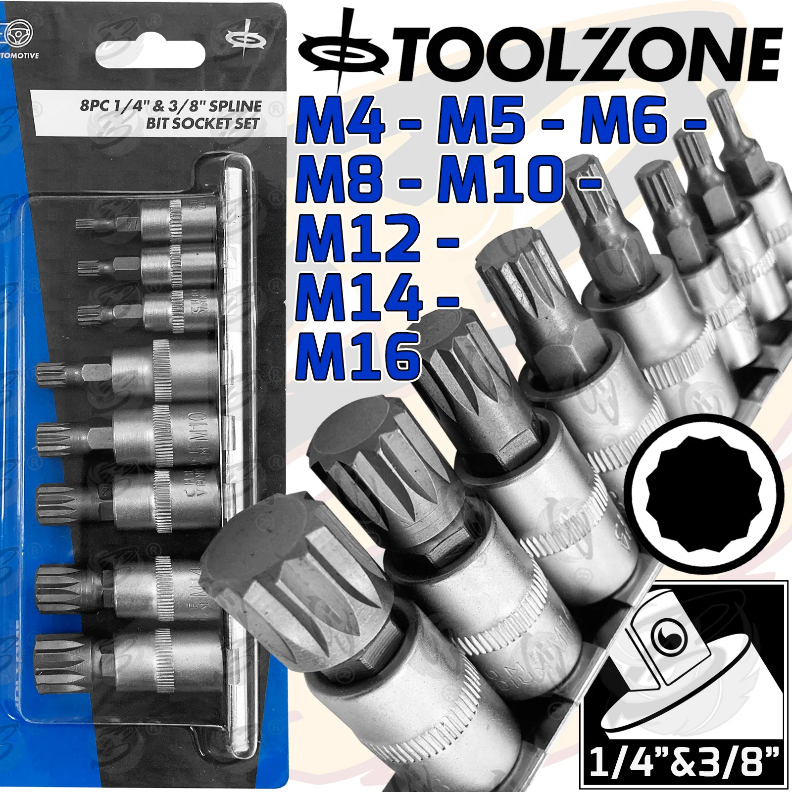 Toolzone 8 Piece 1/4″ & 3/8″ Drive Spline Bit Sockets M4 – M16 ( SD079 )