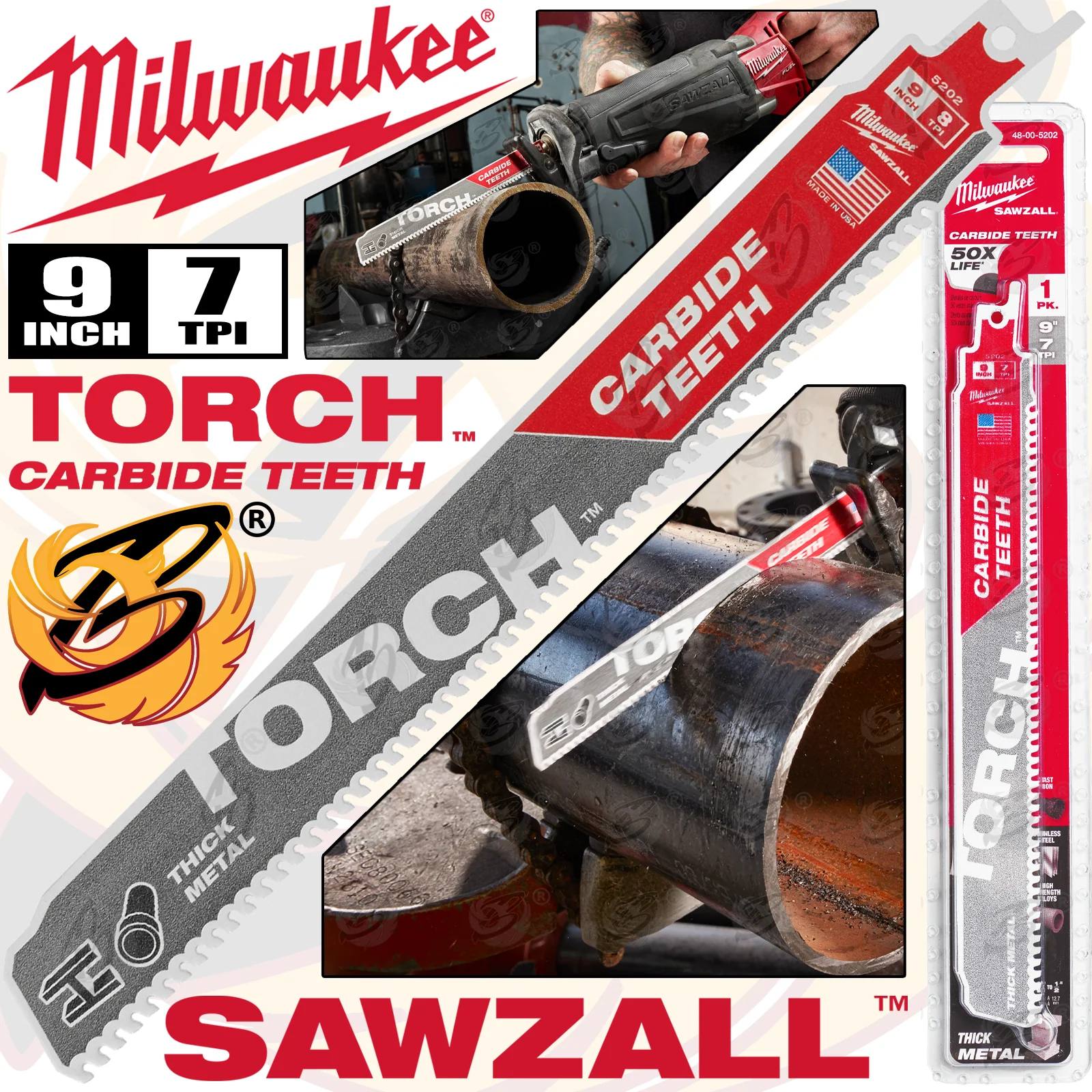 Milwaukee Sawzall Reciprocating Sawblade 230mm x 8Tpi Tct Metal Saw Blades ( The Torch ) ( 48005202 )