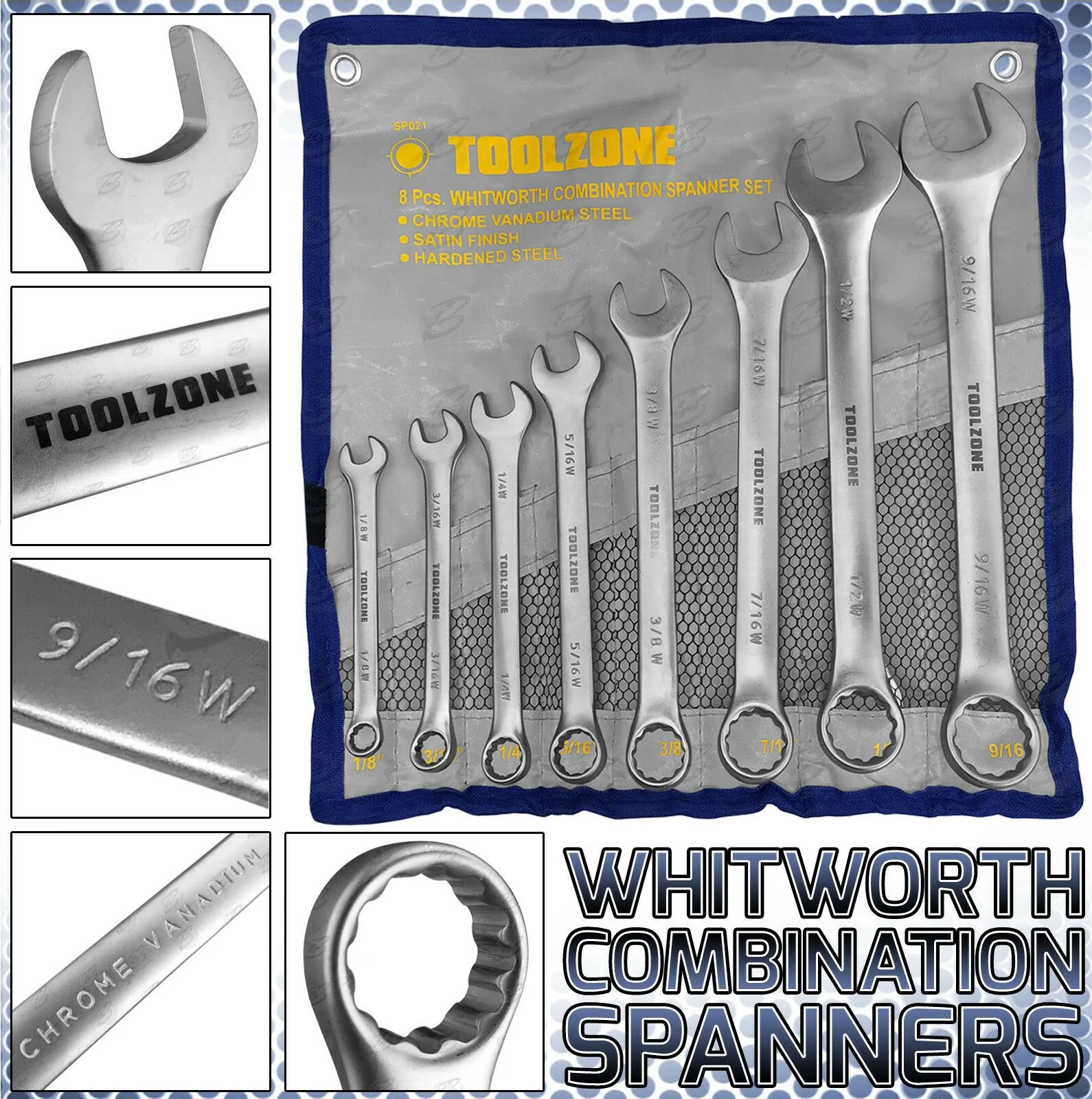 Toolzone 8 Piece Whitworth Combination Spanners 1/8″ – 9/16″ ( SP021 )