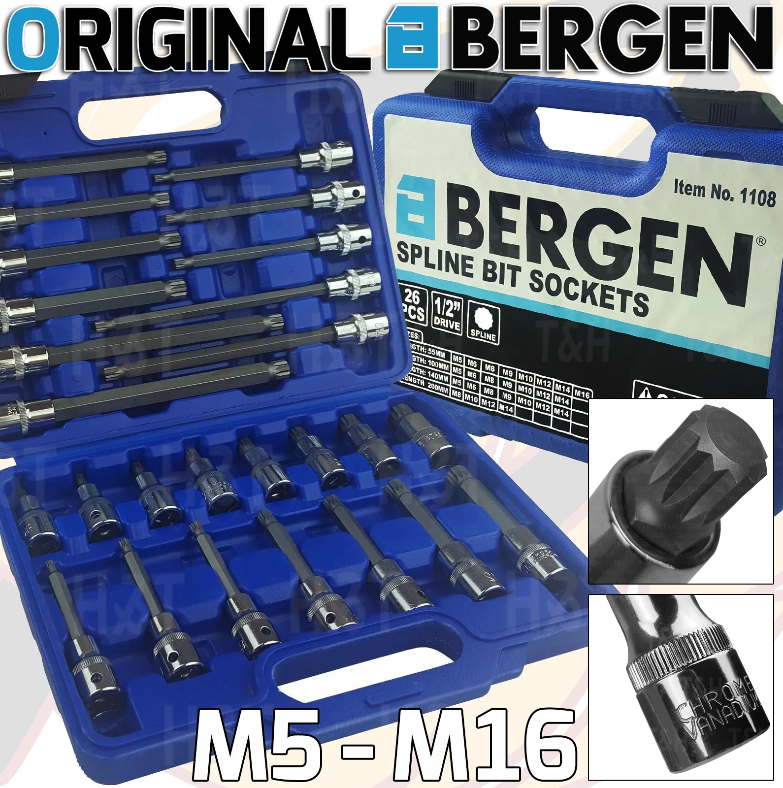 Bergen 26 Piece 1/2″ Drive Spline Bit Sockets M5 – M16  1108