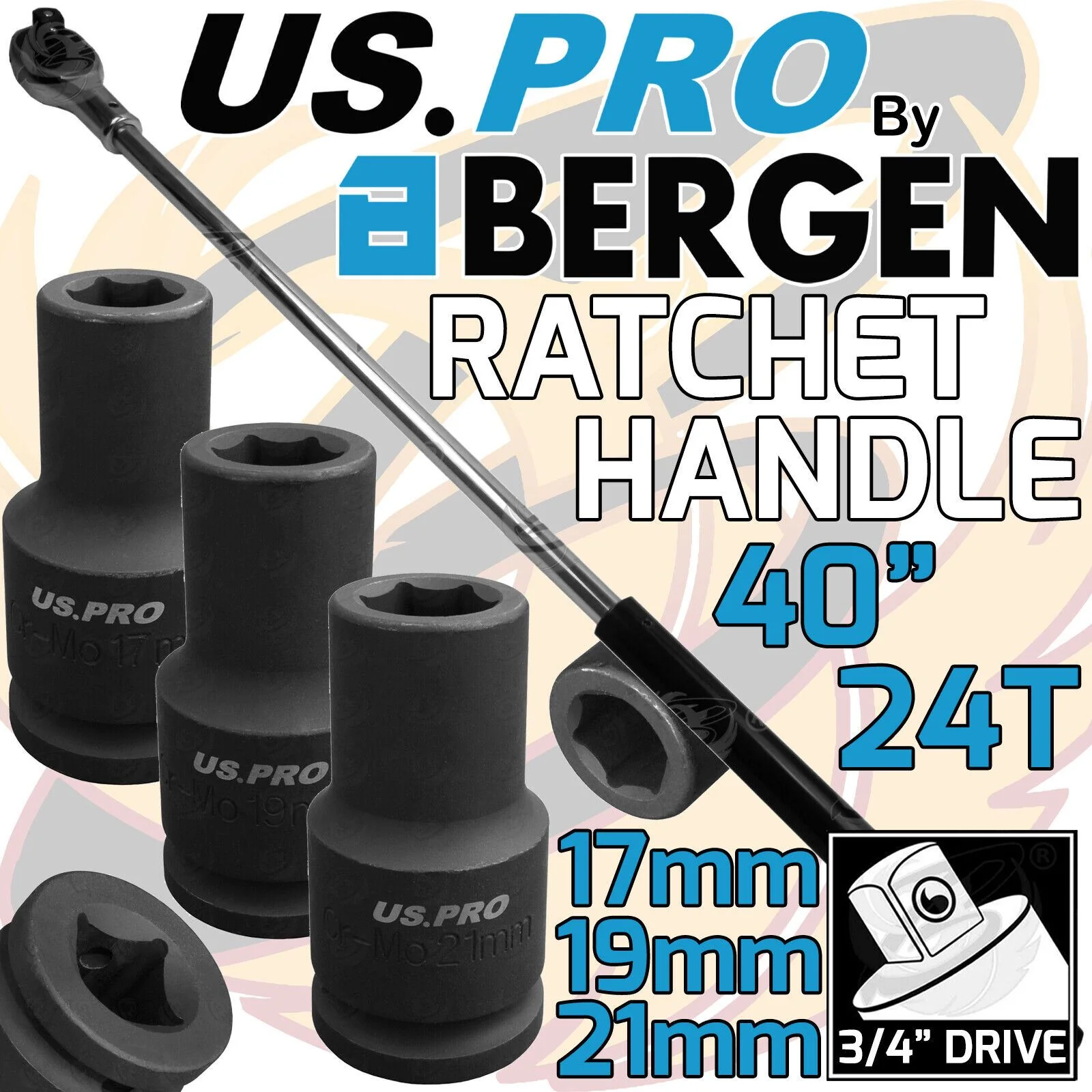 US PRO 3/4″ DRIVE 24 TOOTH 1000MM LONG RATCHET HANDLE & 17MM – 19MM – 21MM 6 POINT DEEP IMPACT SOCKET