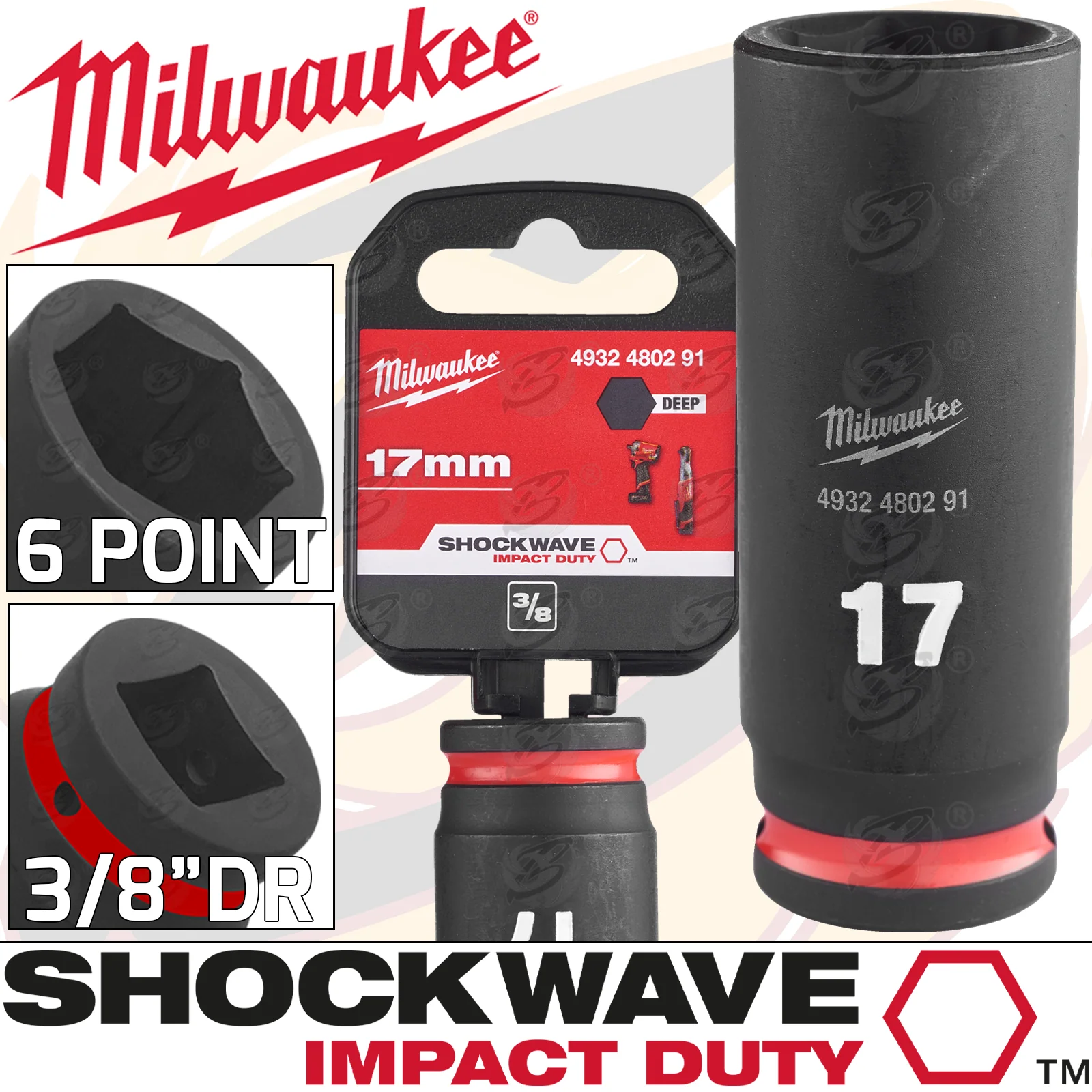 Milwaukee 17mm 3/8″ Drive 6 Point Deep Impact Socket ( Single ) ( 4932480291 )