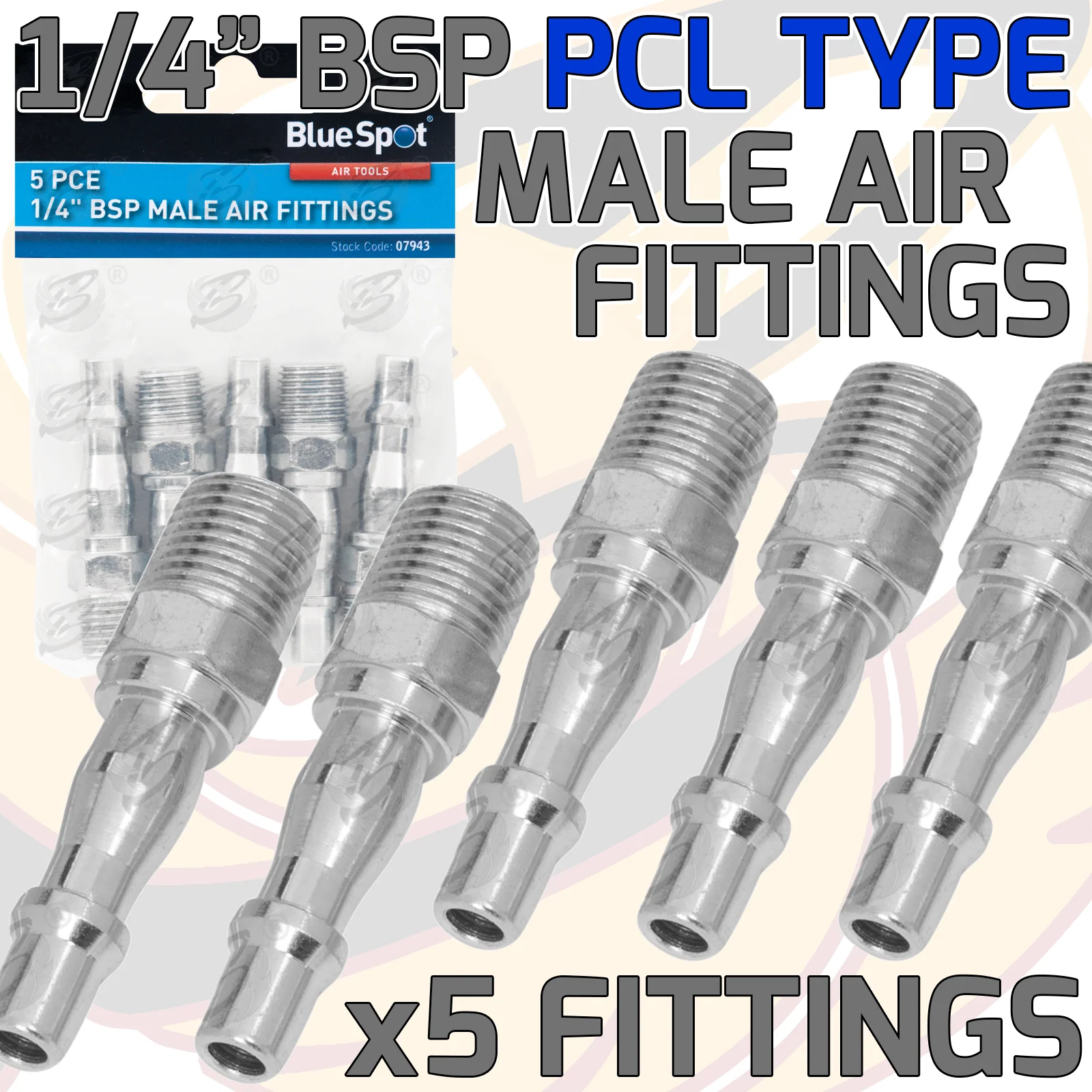 BlueSpot 5 Piece 1/4″ Bsp Male ( Piecel Type ) Air Fittings ( 07943 )