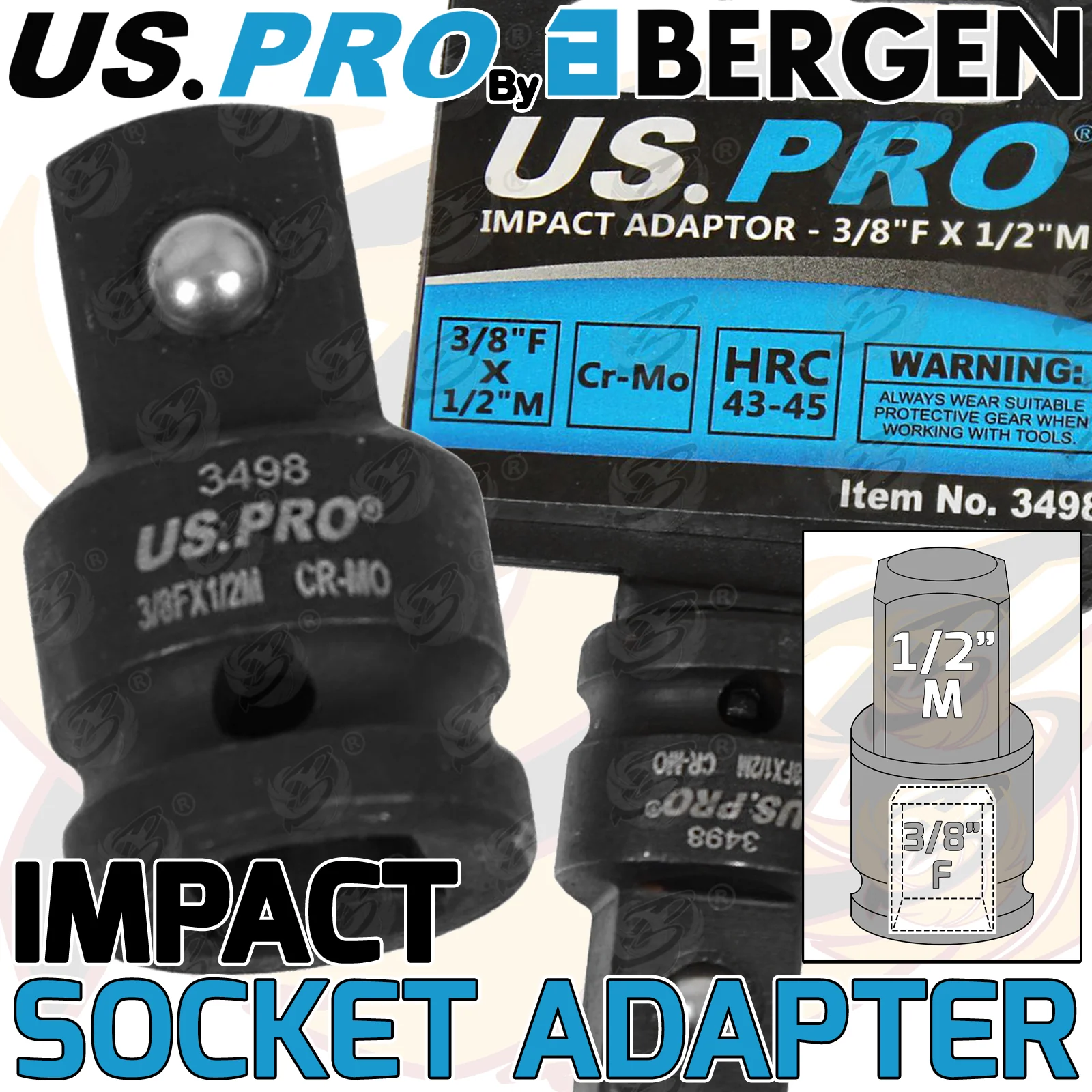 US Pro Impact Socket Adaptors 3/8″ Drive Up To 1/2″ Drive  3498