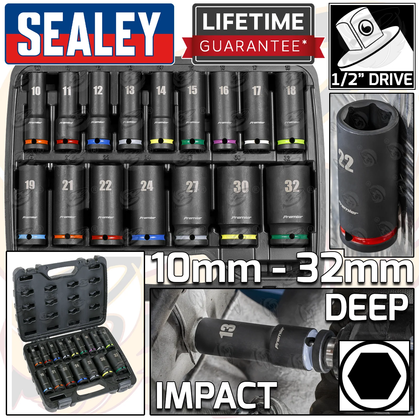 Sealey 16 Piece 1/2″ Drive 6 Point Deep Impact Sockets 10mm – 32mm ( AK5818M )
