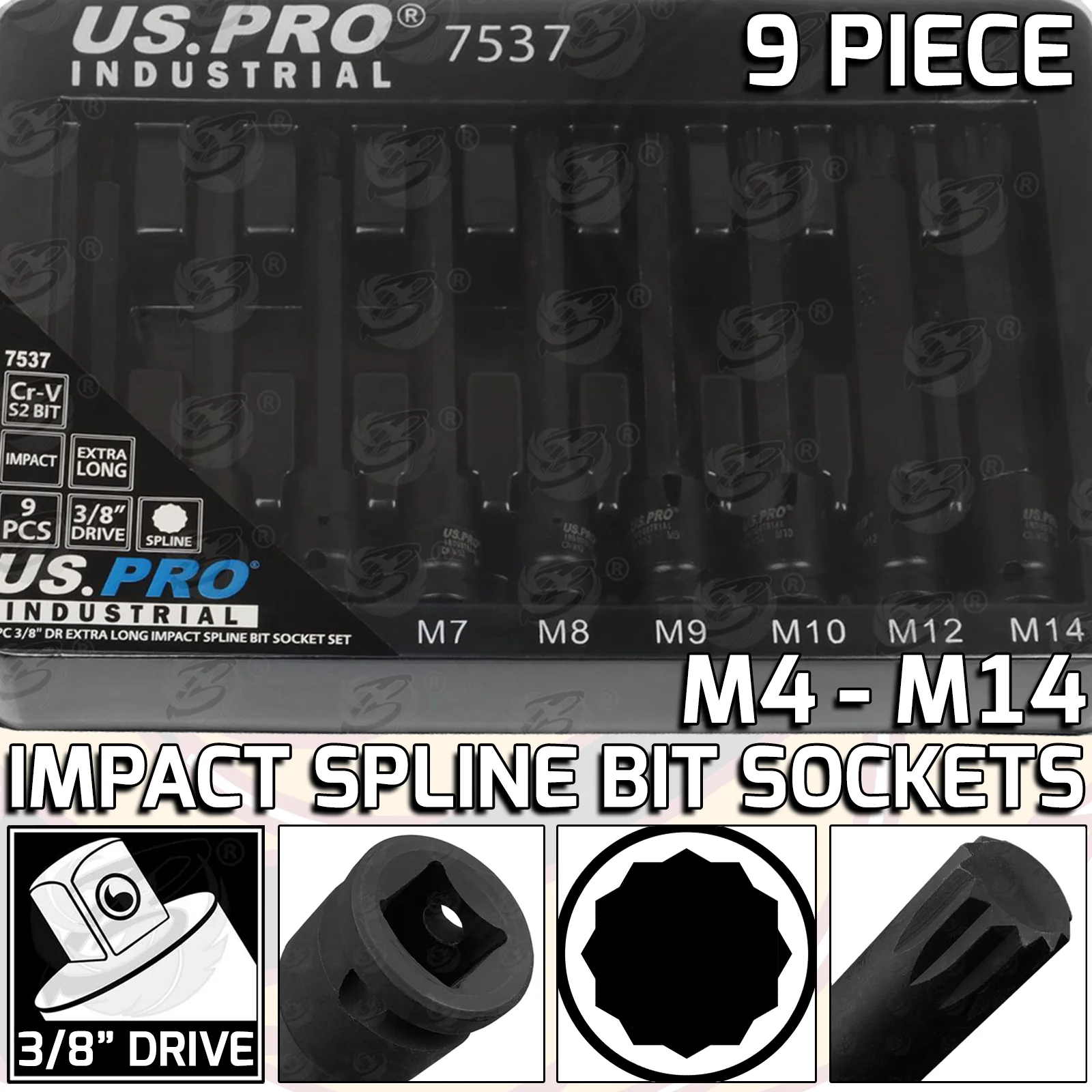 US Pro Industrial 9 Piece 3/8″ Drive Extra Long Impact Spline Bit Sockets M4 – M14  7537