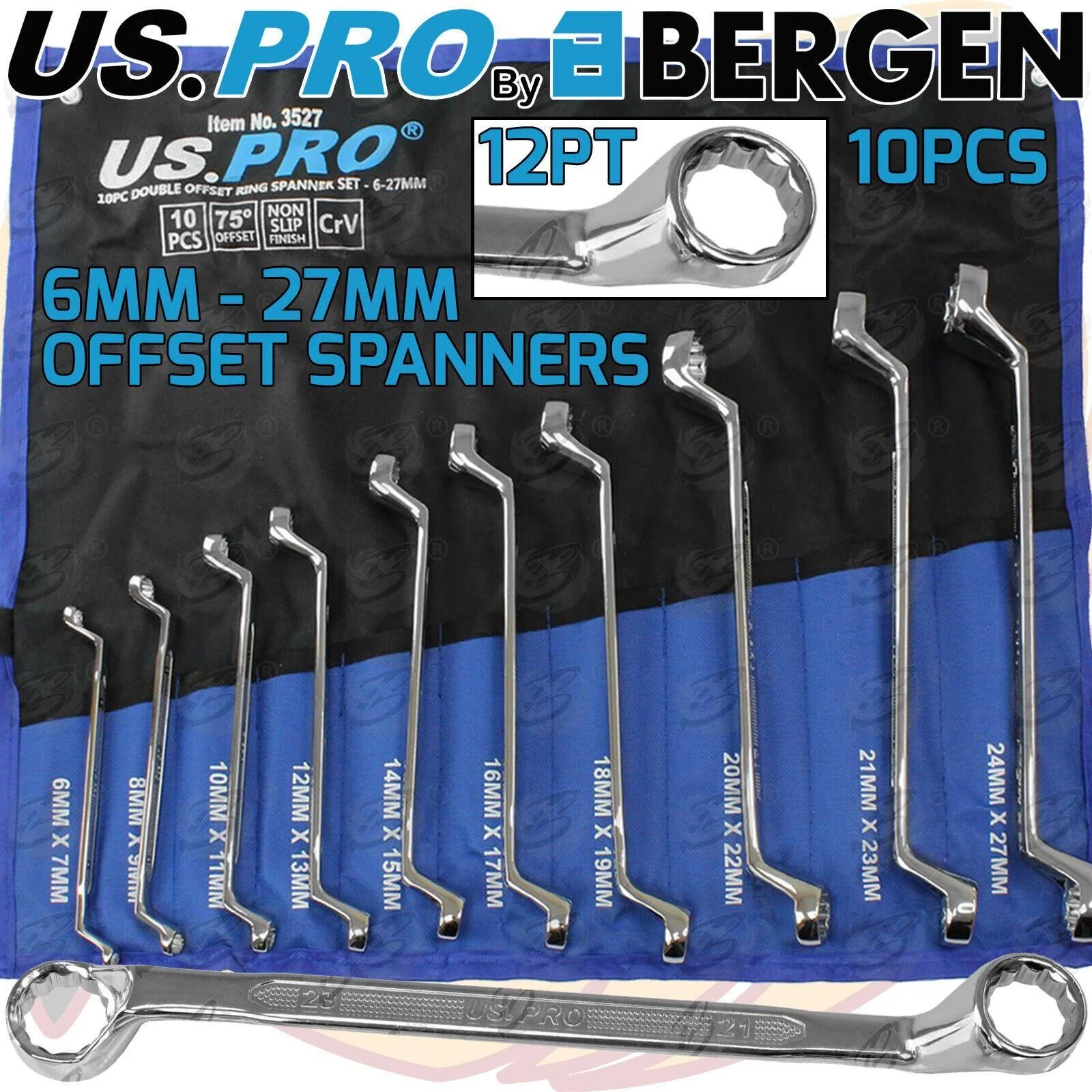 US Pro 10 Piece Offset Double Ring 12 Point Spanner 6mm – 27mm  3527