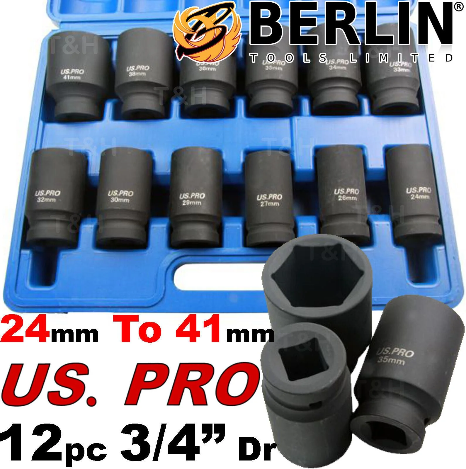 US Pro 12 Piece 3/4″ Drive 6 Point Deep Impact Sockets 24mm – 41mm  1360