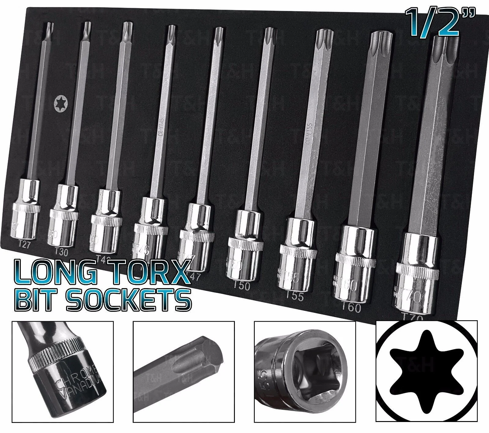 US Pro 9 Piece 1/2″ Drive Extra Long Torx Bit Sockets T27 – T70  3304