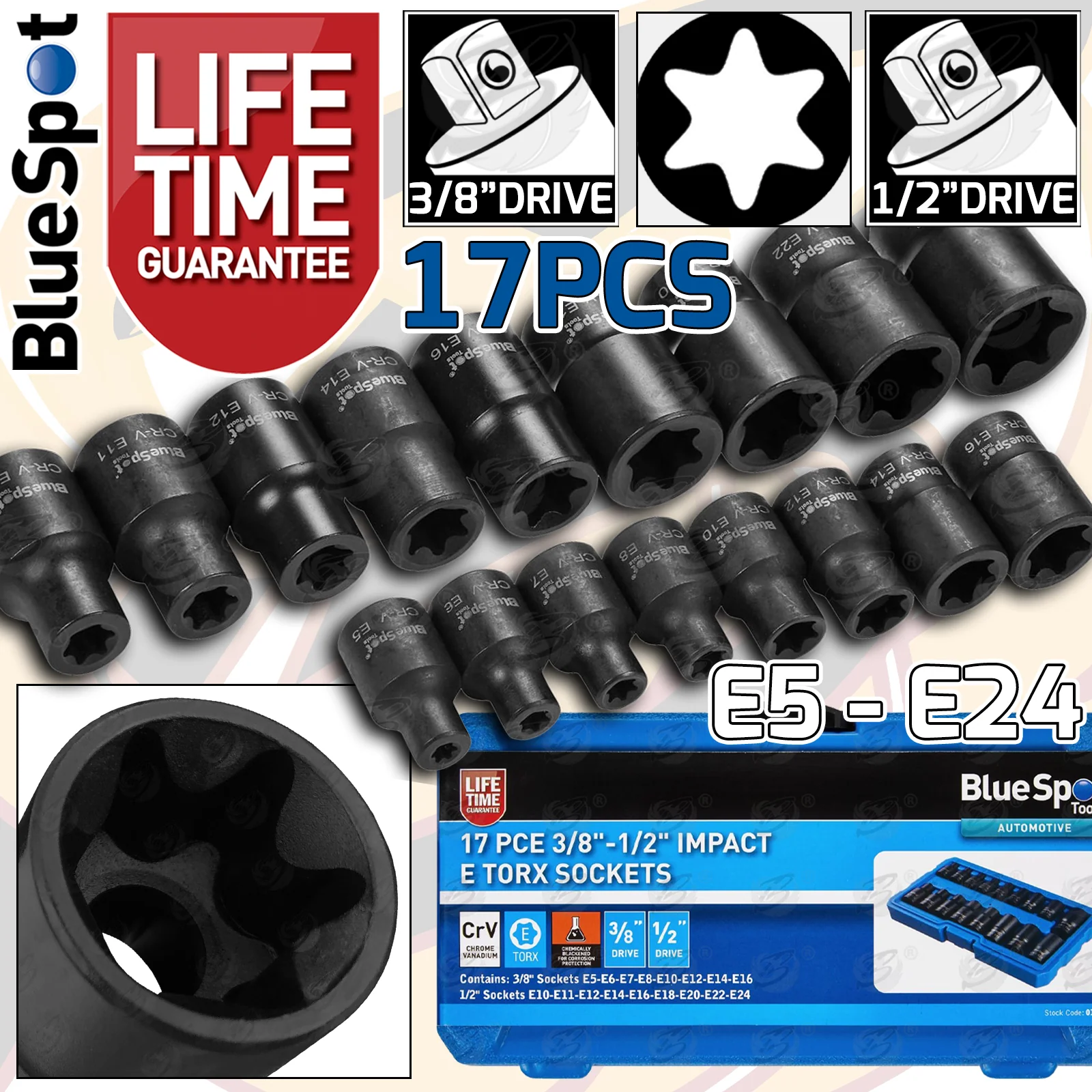 BlueSpot 17 Piece 3/8″ & 1/2″ Drive Impact E – Torx Sockets E5 – E24 ( 01586 )
