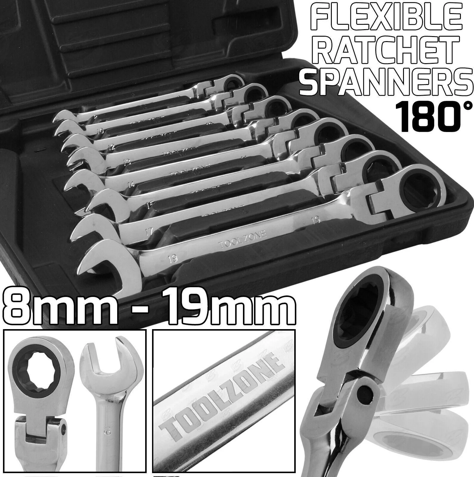 Toolzone 8 Piece Combination Flexible Ratchet Spanner Set 8mm – 19mm ( SP128 )