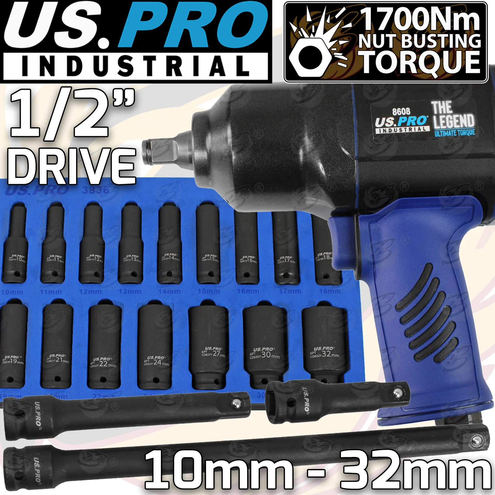 US Pro 1/2″ Drive Air Impact Wrench 1700Nm Nbt ( The Legend ) & 19 Piece Deep Impact Sockets & Extension Bar Sets 10mm – 32mm  8608 & 3836 & 2086