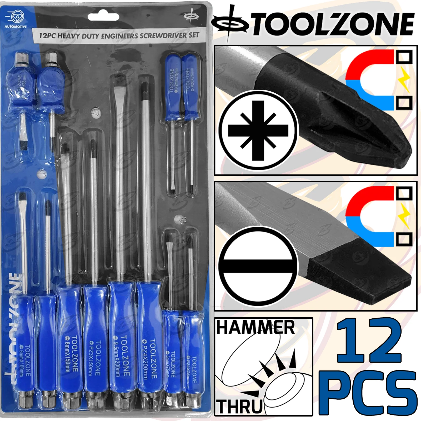 Toolzone 12 Piece Magnetic Go Through Screwdriver Set ( Slotted – Pozidrive ) ( SD190 )