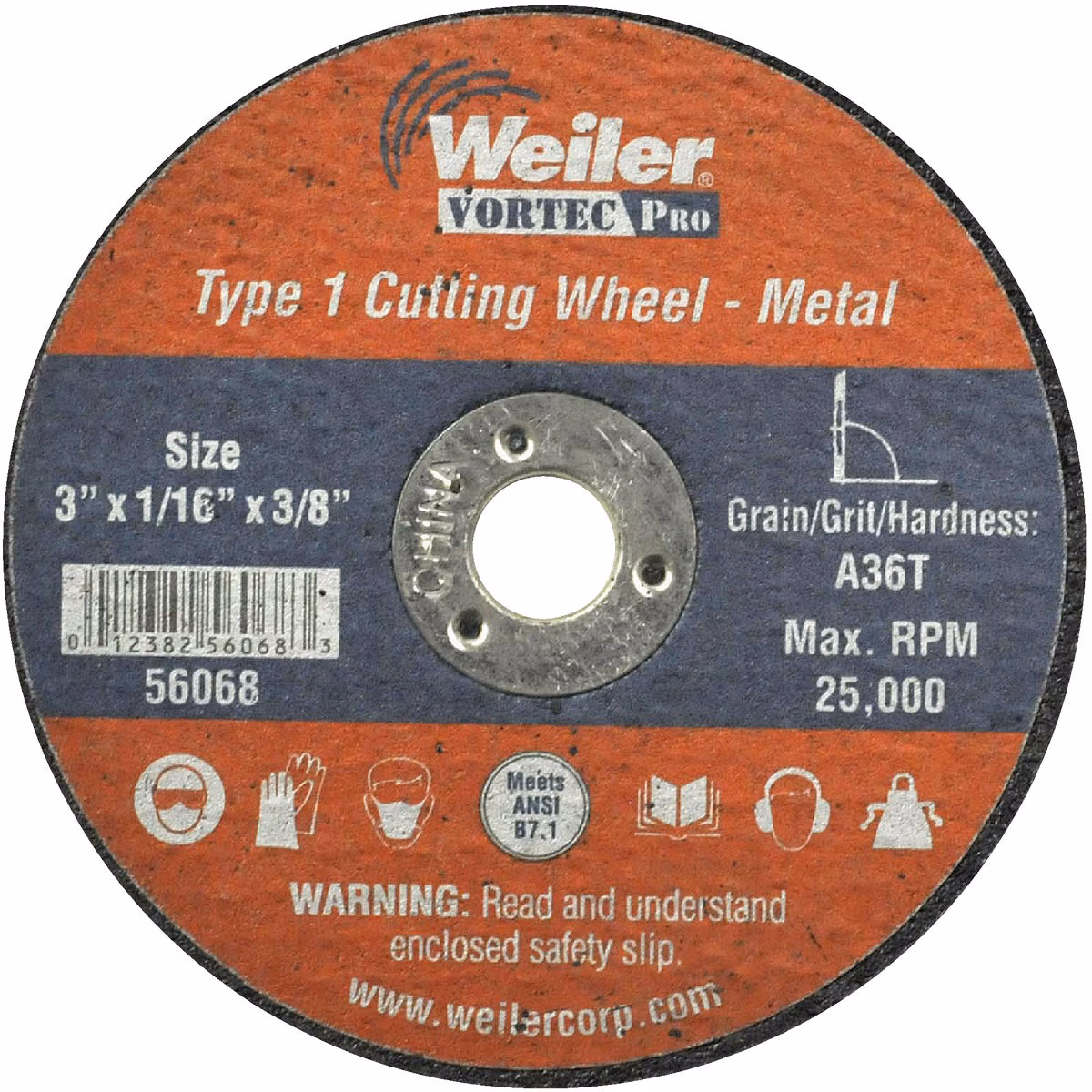 Weiler Vortec Type 1 3 In. x 1/16 In. x 3/8 In. Metal/Plastic Cut-Off Wheel