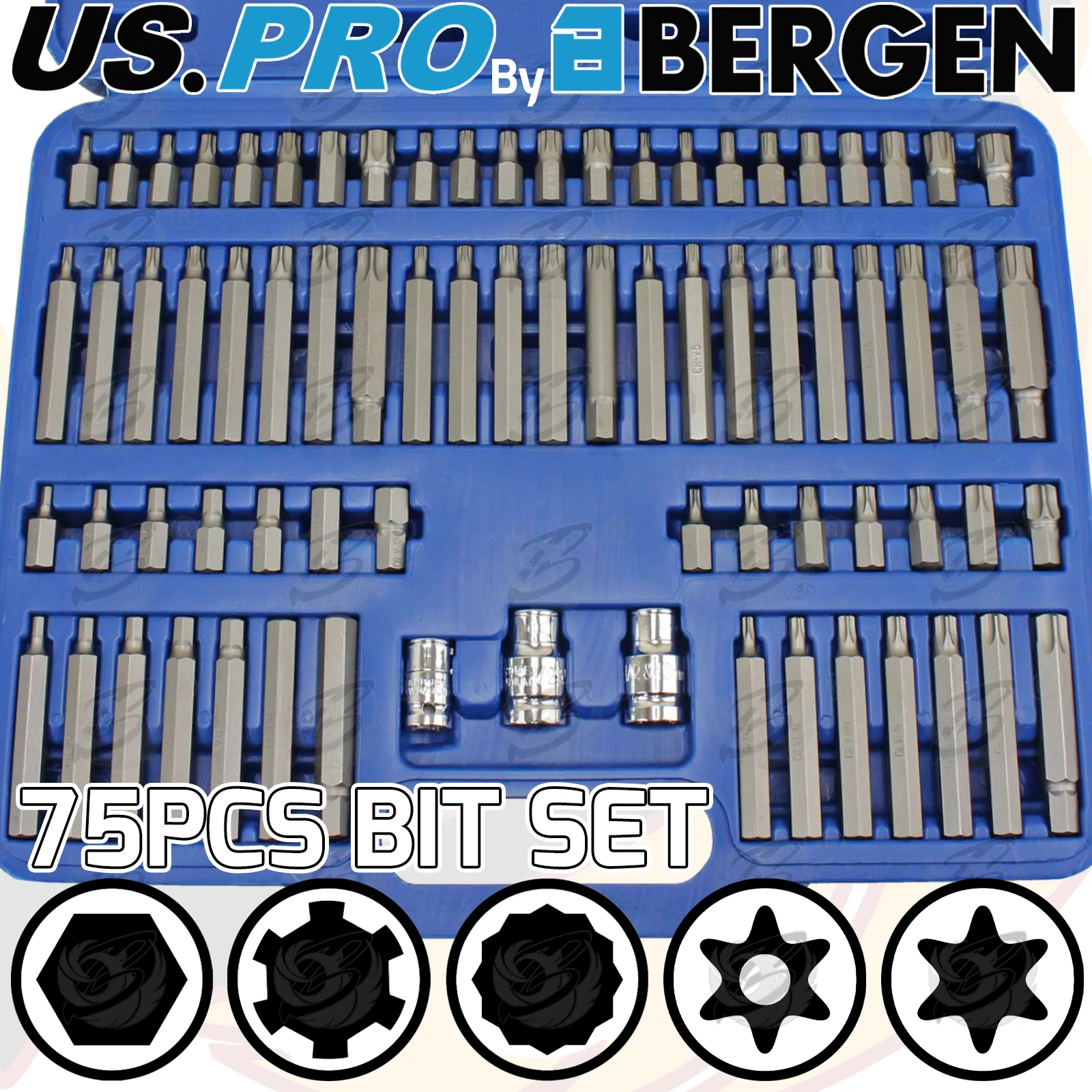 US Pro 75 Piece Hex – Torx – Spline – Ribe – Tamperproof Torx Bit Sockets  2068