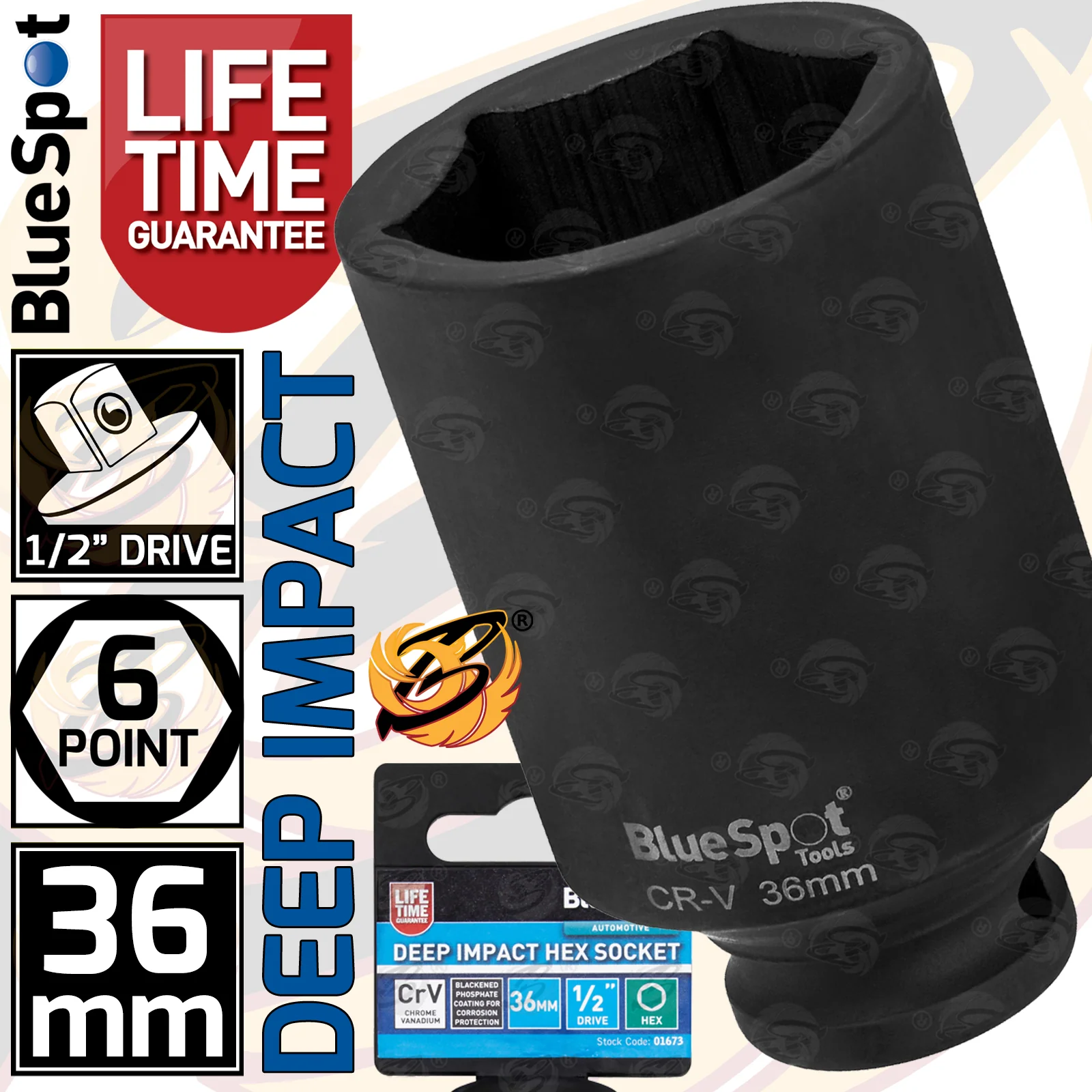 BLUESPOT 36MM 1/2″ DRIVE 6 POINT DEEP IMPACT SOCKET ( SINGLE )