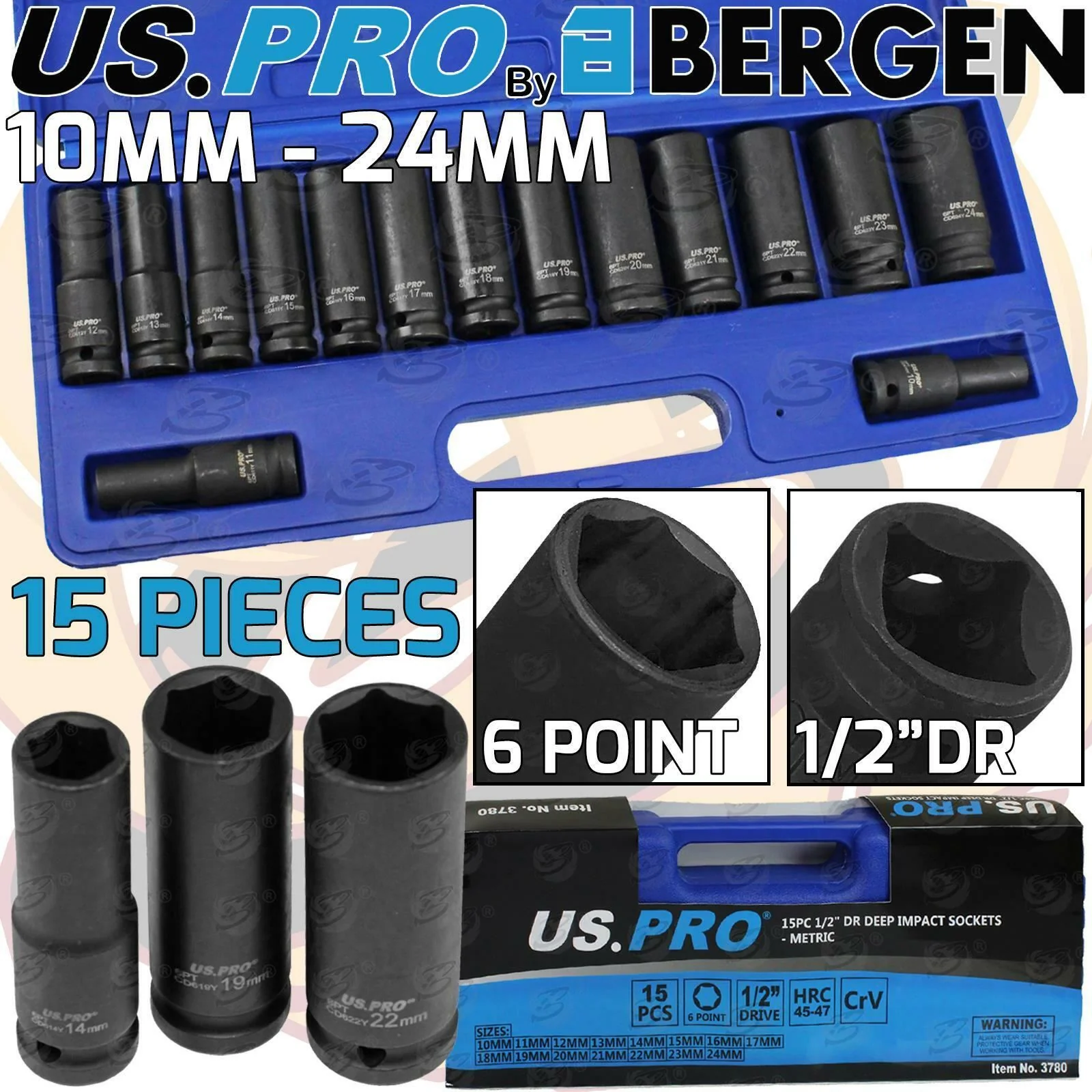 US Pro 15 Piece 1/2″ Drive 6 Point Deep Impact Sockets 10mm – 24mm  3780