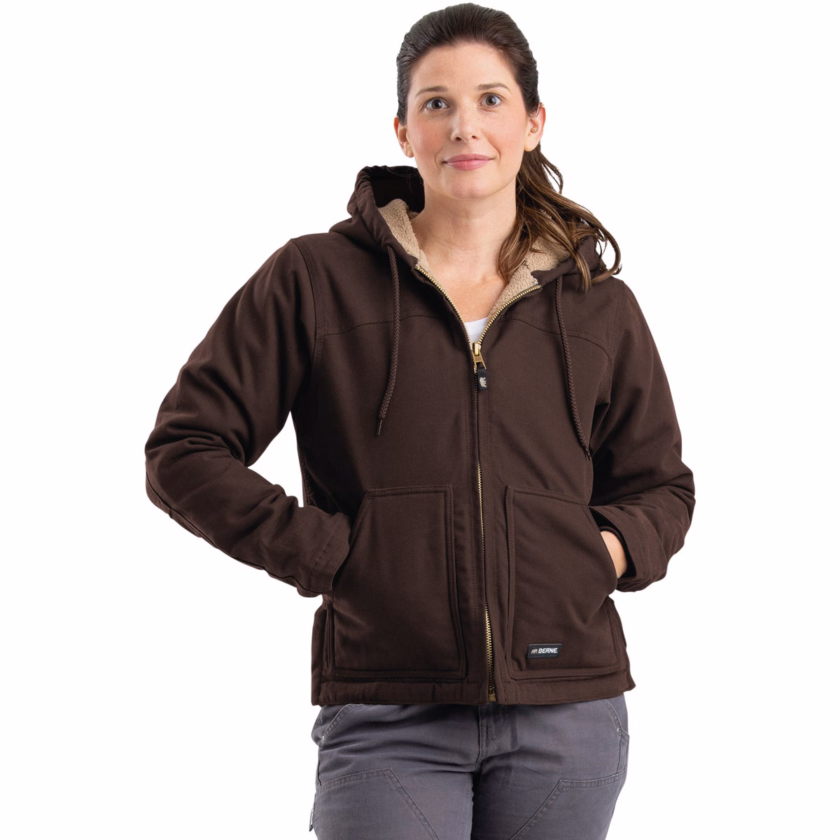 Berne Women's Medium Dark Brown Sherpa-Lined Softstone Duck Hooded Jacket