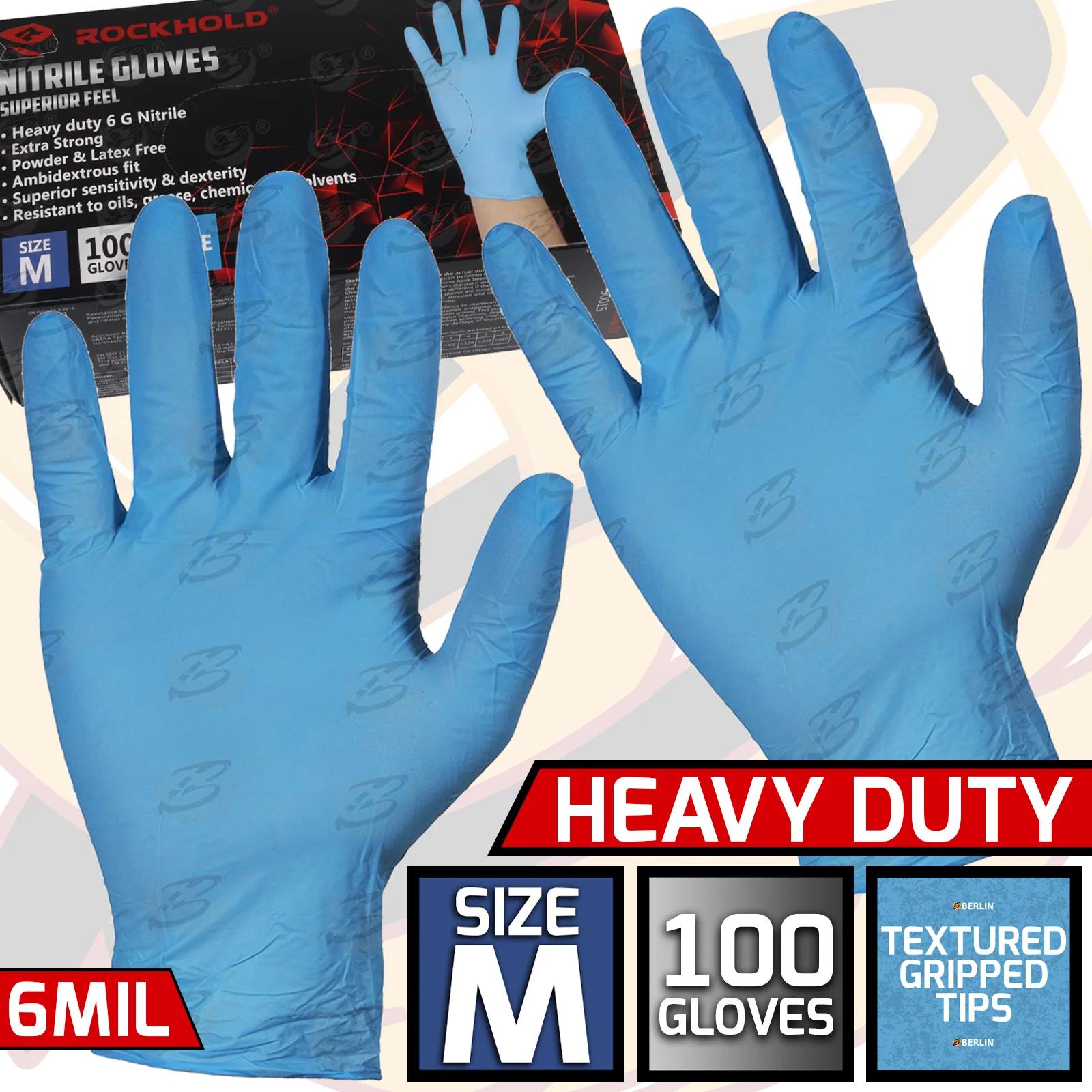 Rockhold Heavy Duty Blue 6 Mil Nitrile Textured Tip Gloves ( Medium – 100 Gloves )  90015 / M ( 1 BOX )