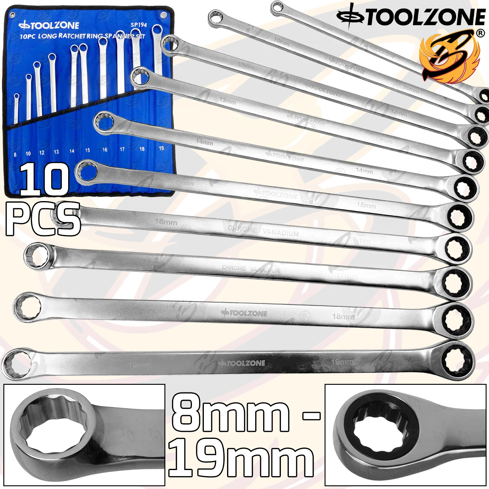 Toolzone 10 Piece Single Ring Extra Long Ratchet Aviation Spanners 8mm – 10mm ( SP194 )