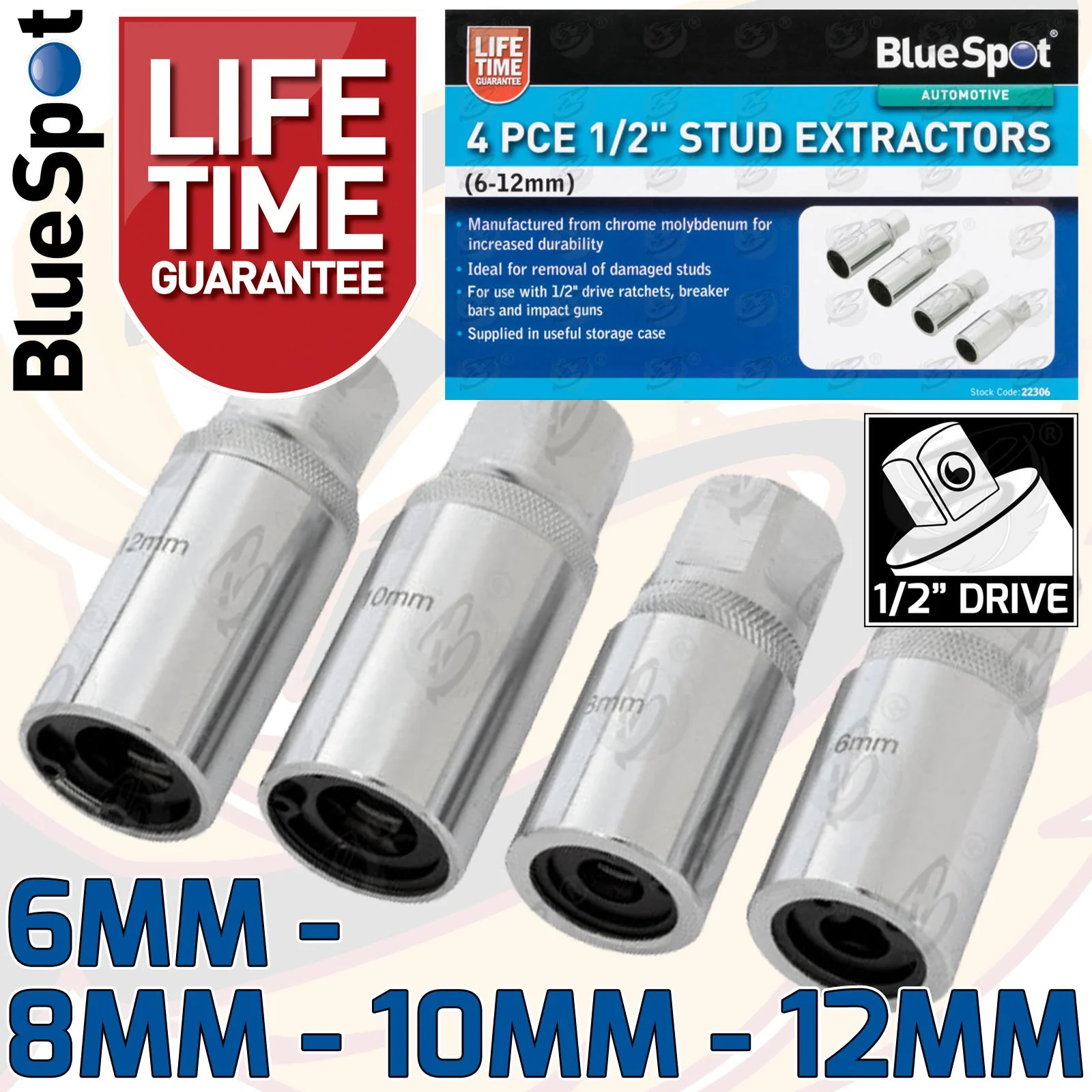 BlueSpot 4 Piece 1/2″ Drive Roller Type Stud Extractors 6mm – 12mm ( 22306 )