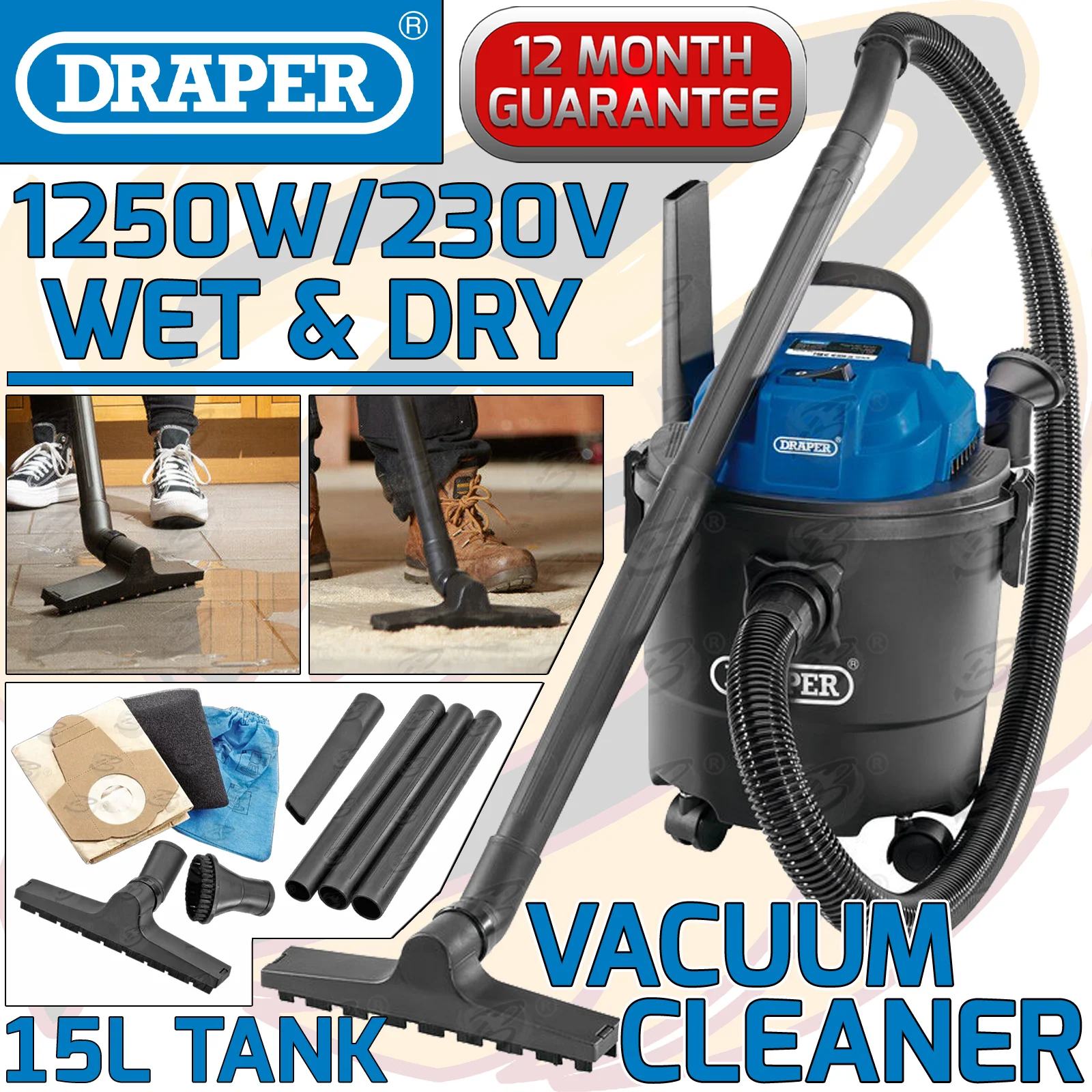 Draper Wet And Dry Vacuum Cleaner 15L 1250W / 230V Water Dirt Carpet Washer ( 90107 )