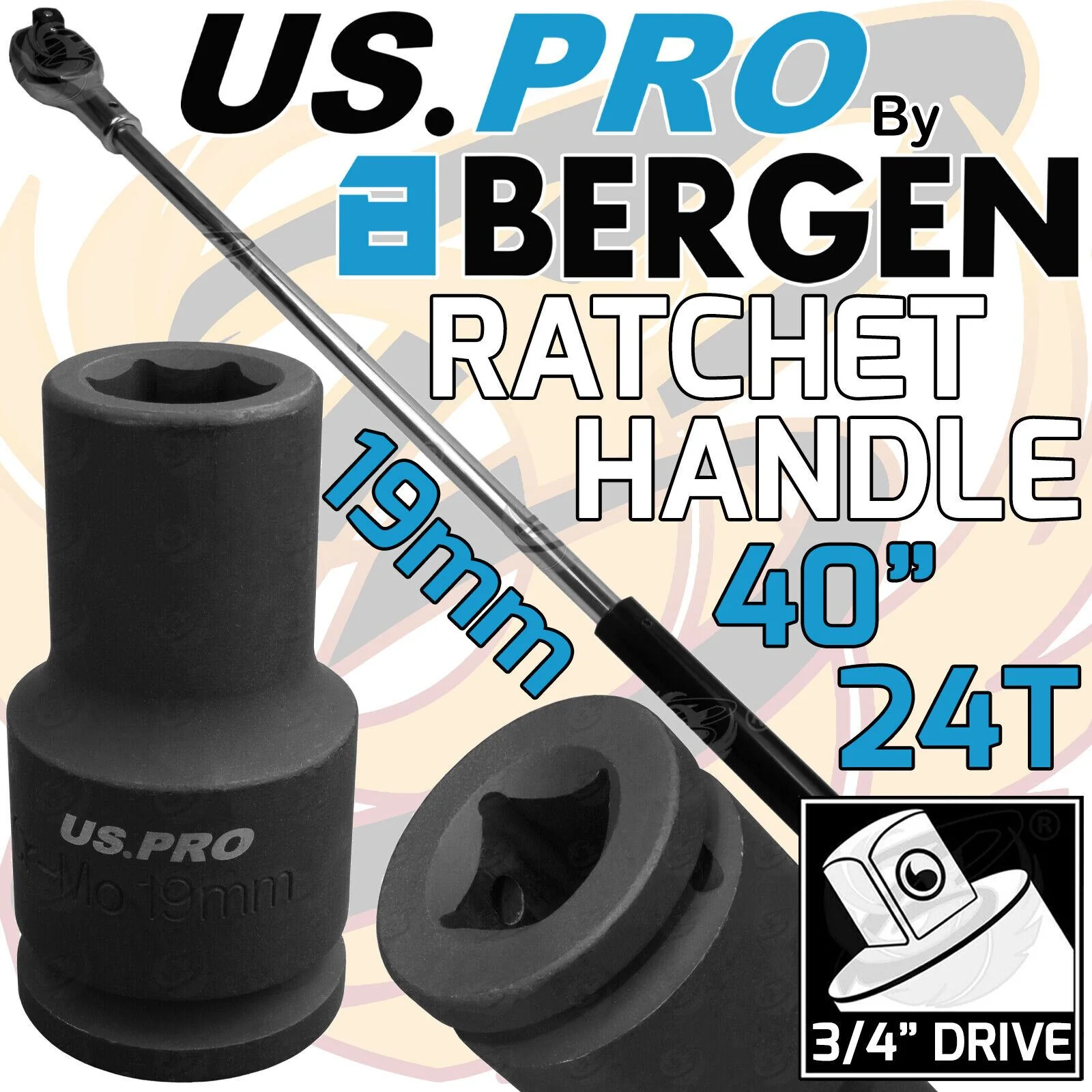 US Pro Ratchet 19mm 3/4″Drive Deep Impact Socket 40″ Reversible Ratchet Handle 24T  4159 & 3408