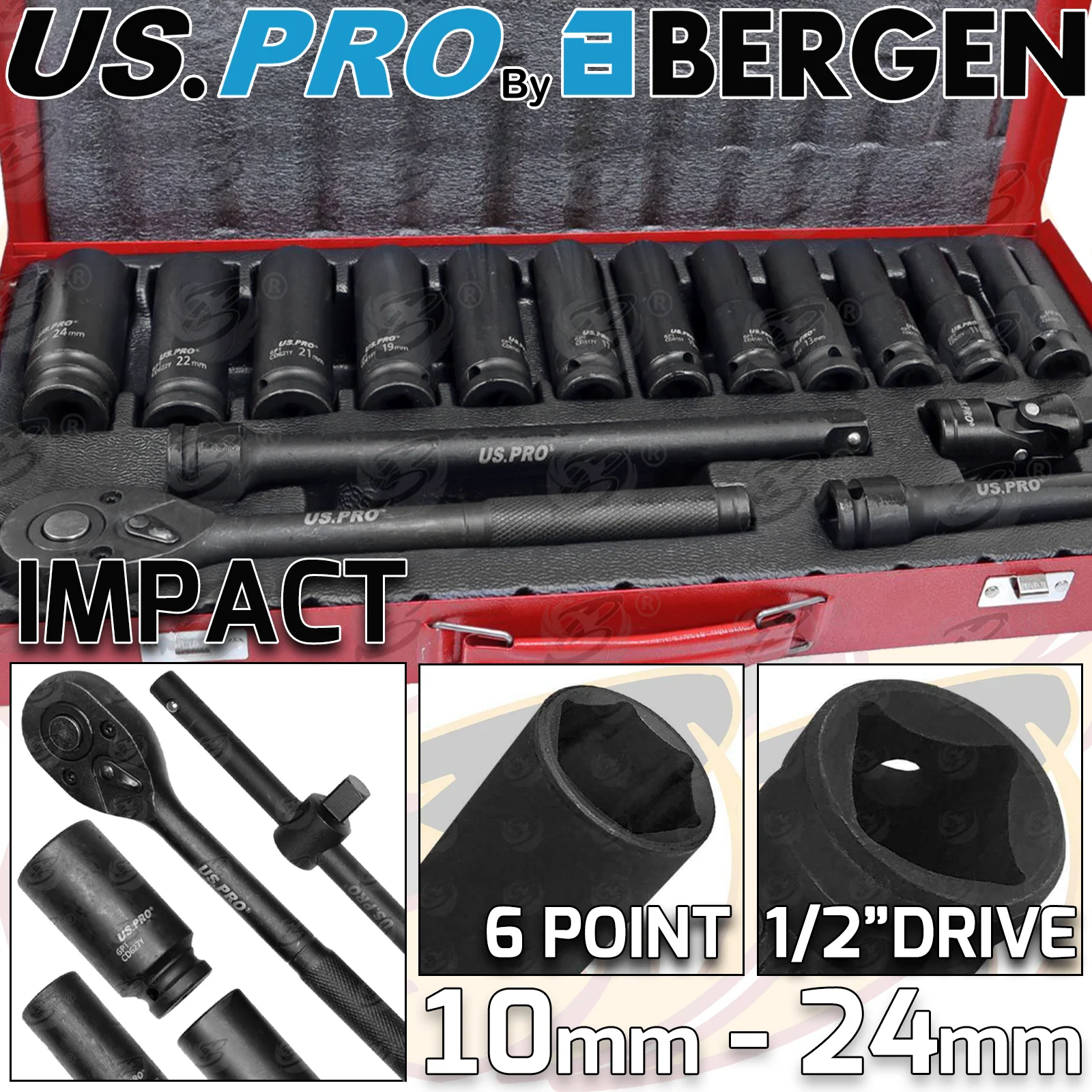 US Pro 16 Piece 1/2″ Drive 6 Point Deep Impact Socket Set 10mm – 24mm  3987
