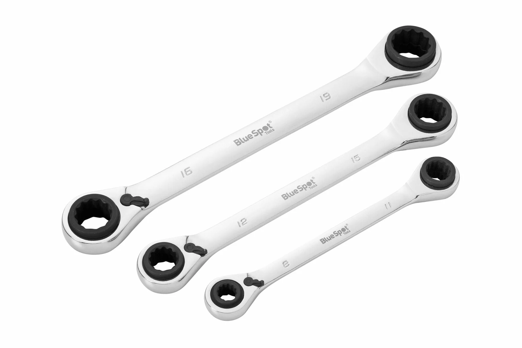 BlueSpot 3 Piece 4 in 1 Ratchet Ring Spanner Set ( 8mm – 19mm ) With A Manufacturers LifeTime Guarantee 04318