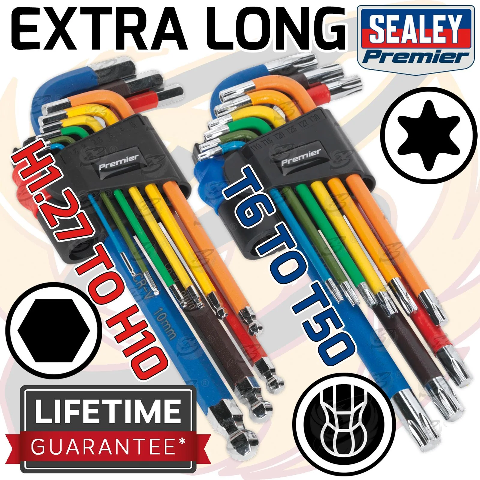 SEALEY 18PCS COLOUR CODED TAMPERPROOF TORX & BALL END HEX KEY SETS ( H1.27 – H10 ) ( T6 – T50 )