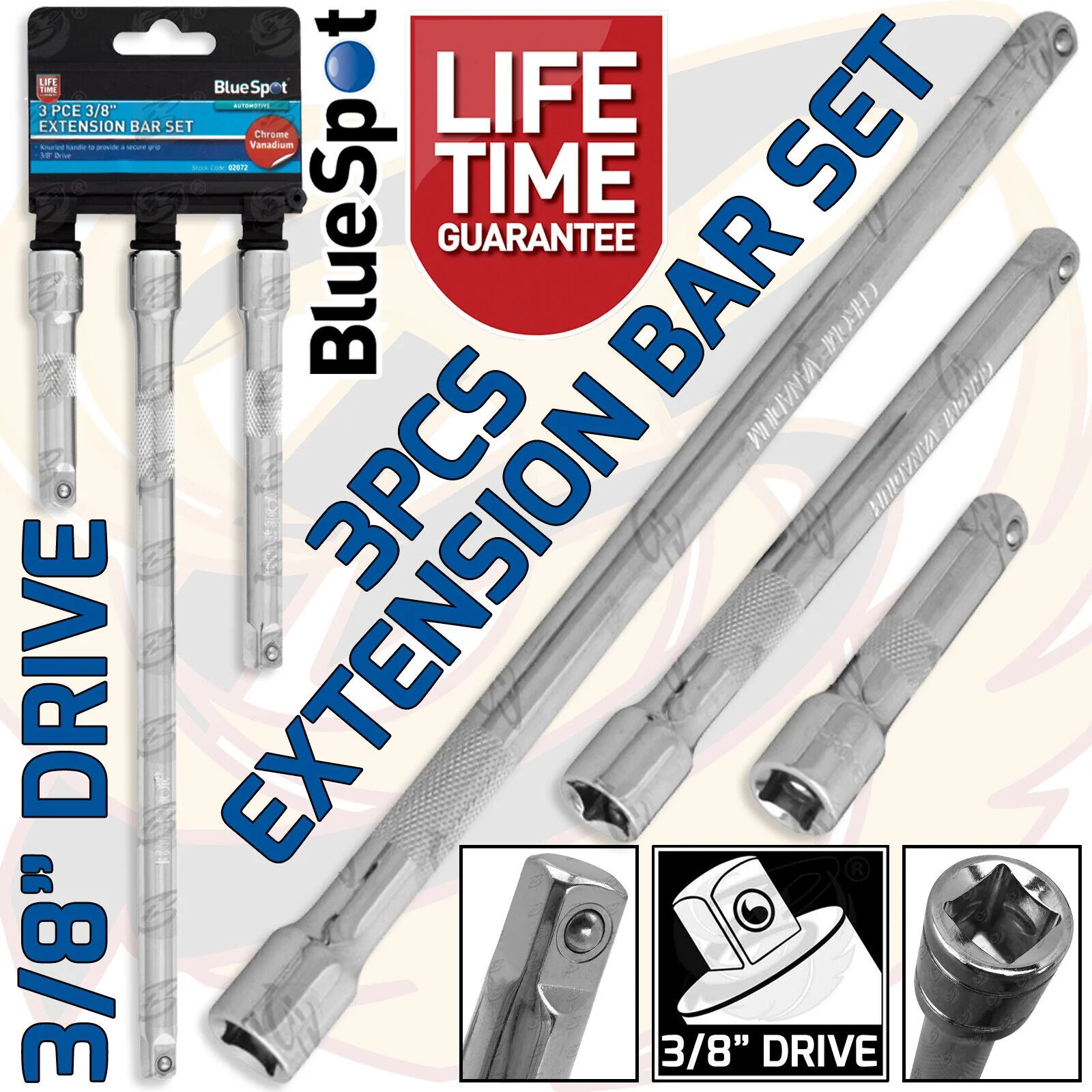 BlueSpot 3 Piece 3/8″ Drive Extra Long Extension Bars 75mm – 250mm ( 02072 )
