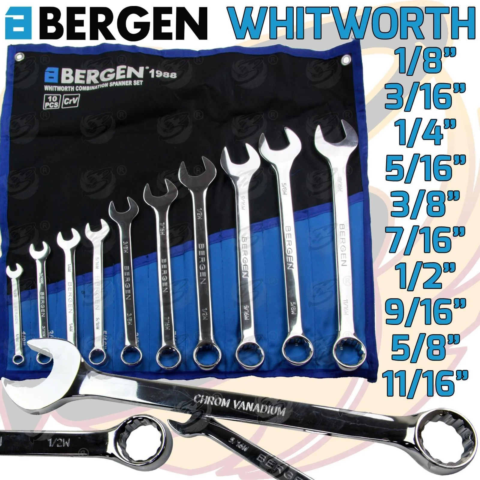 Bergen 10 Piece Whitworth Combination Spanners 1/8″ – 11/16″  1988